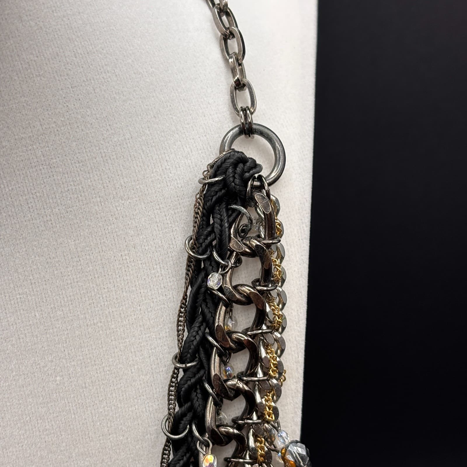 Vintage Y2K Black Cord Chain Dangle Beaded Statement Necklace Mixed Metal Boho - Thumbnail 4