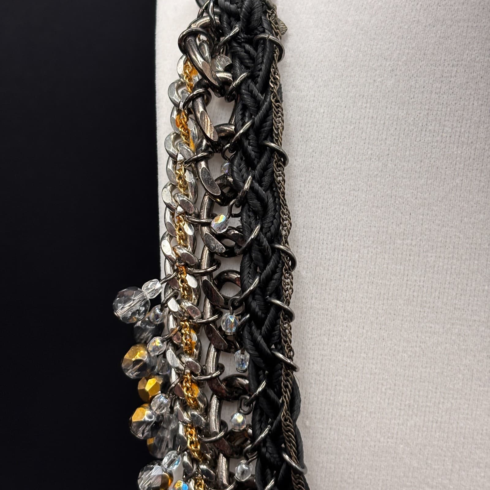 Vintage Y2K Black Cord Chain Dangle Beaded Statement Necklace Mixed Metal Boho - Thumbnail 7