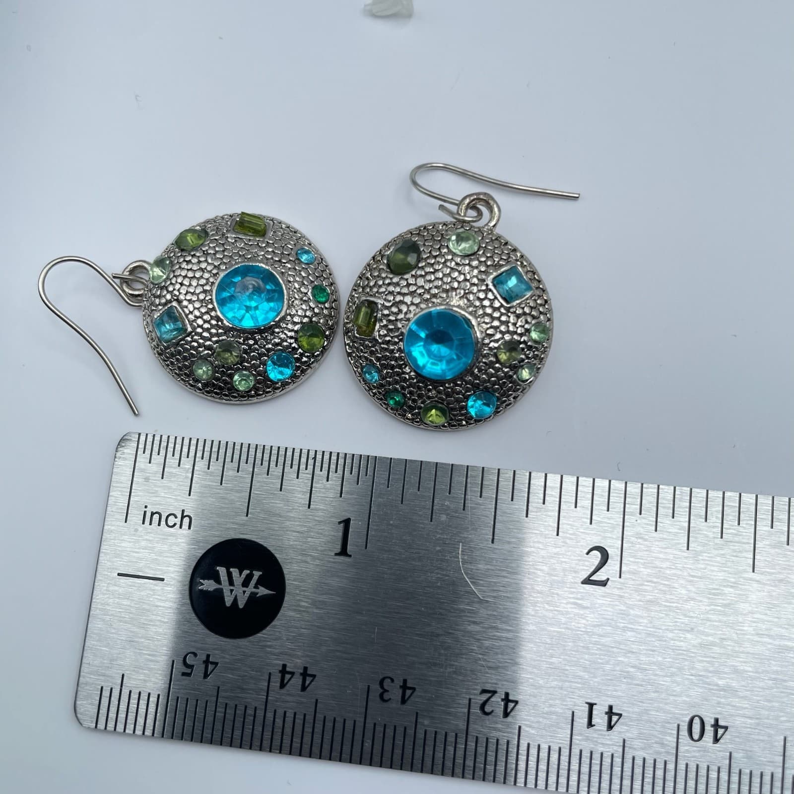 Vintage 80s Locke Silver Tone Blue Green Hook Dangle Earrings Jewelry - Thumbnail 11