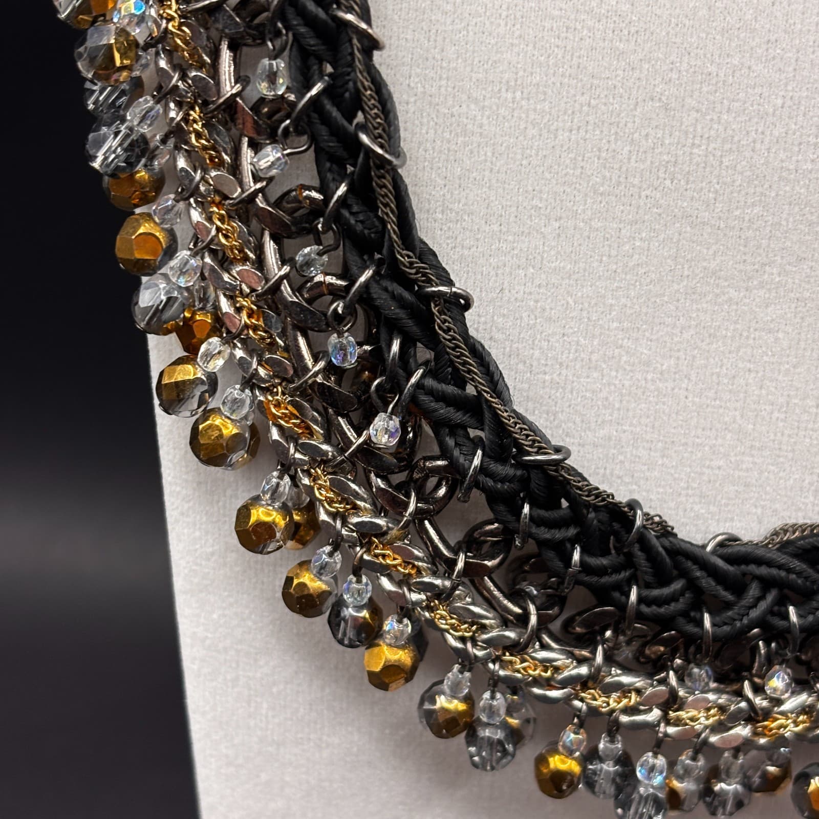 Vintage Y2K Black Cord Chain Dangle Beaded Statement Necklace Mixed Metal Boho - Thumbnail 5