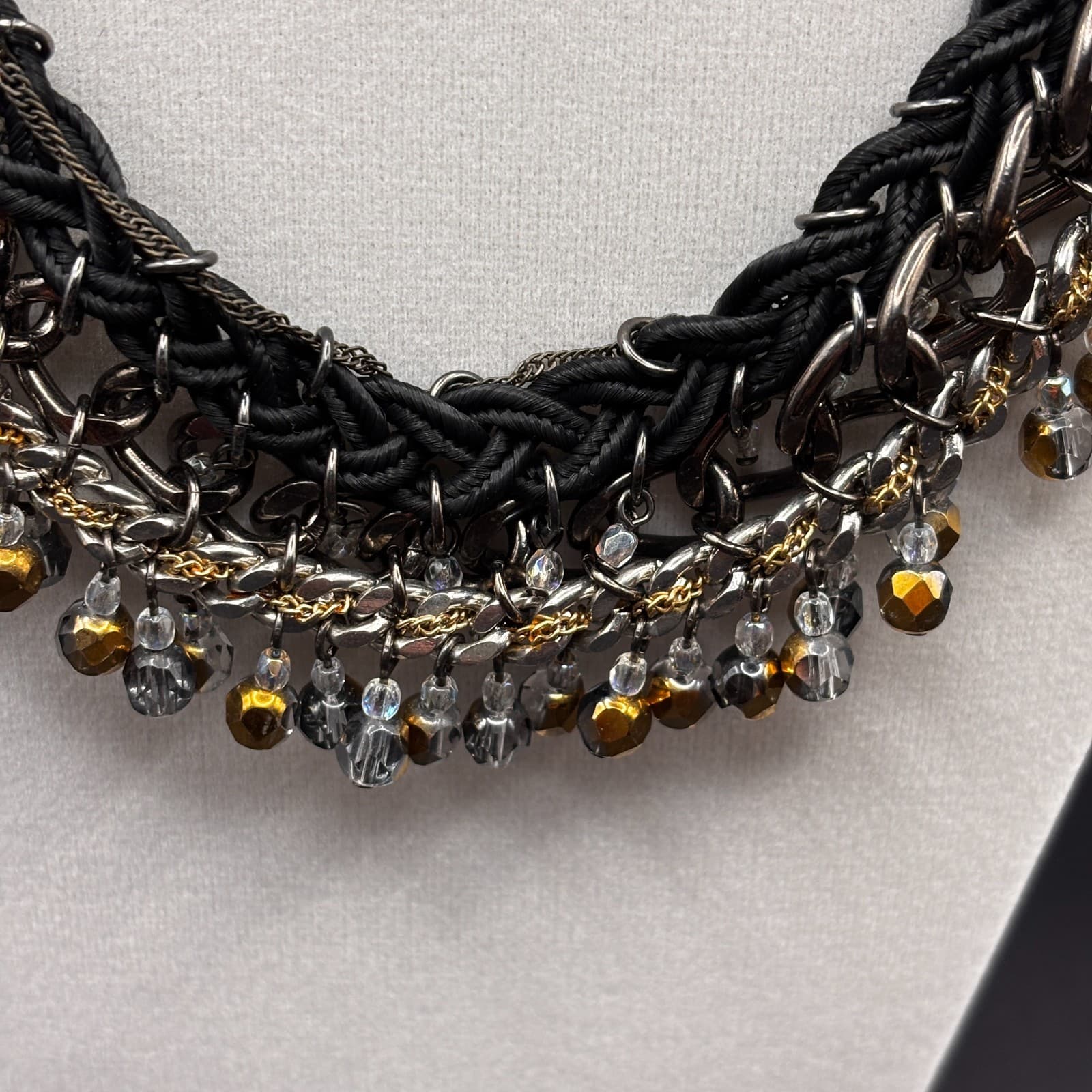 Vintage Y2K Black Cord Chain Dangle Beaded Statement Necklace Mixed Metal Boho - Thumbnail 2