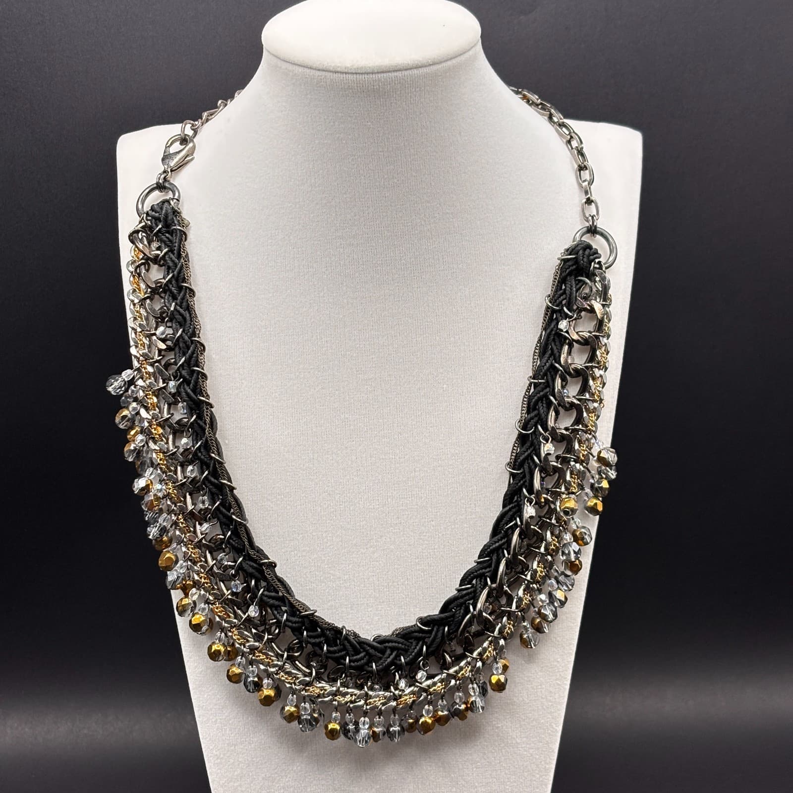 Vintage Y2K Black Cord Chain Dangle Beaded Statement Necklace Mixed Metal Boho - Thumbnail 10