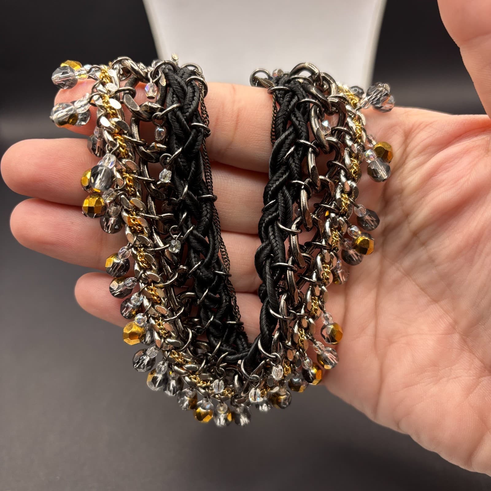 Vintage Y2K Black Cord Chain Dangle Beaded Statement Necklace Mixed Metal Boho - Thumbnail 8