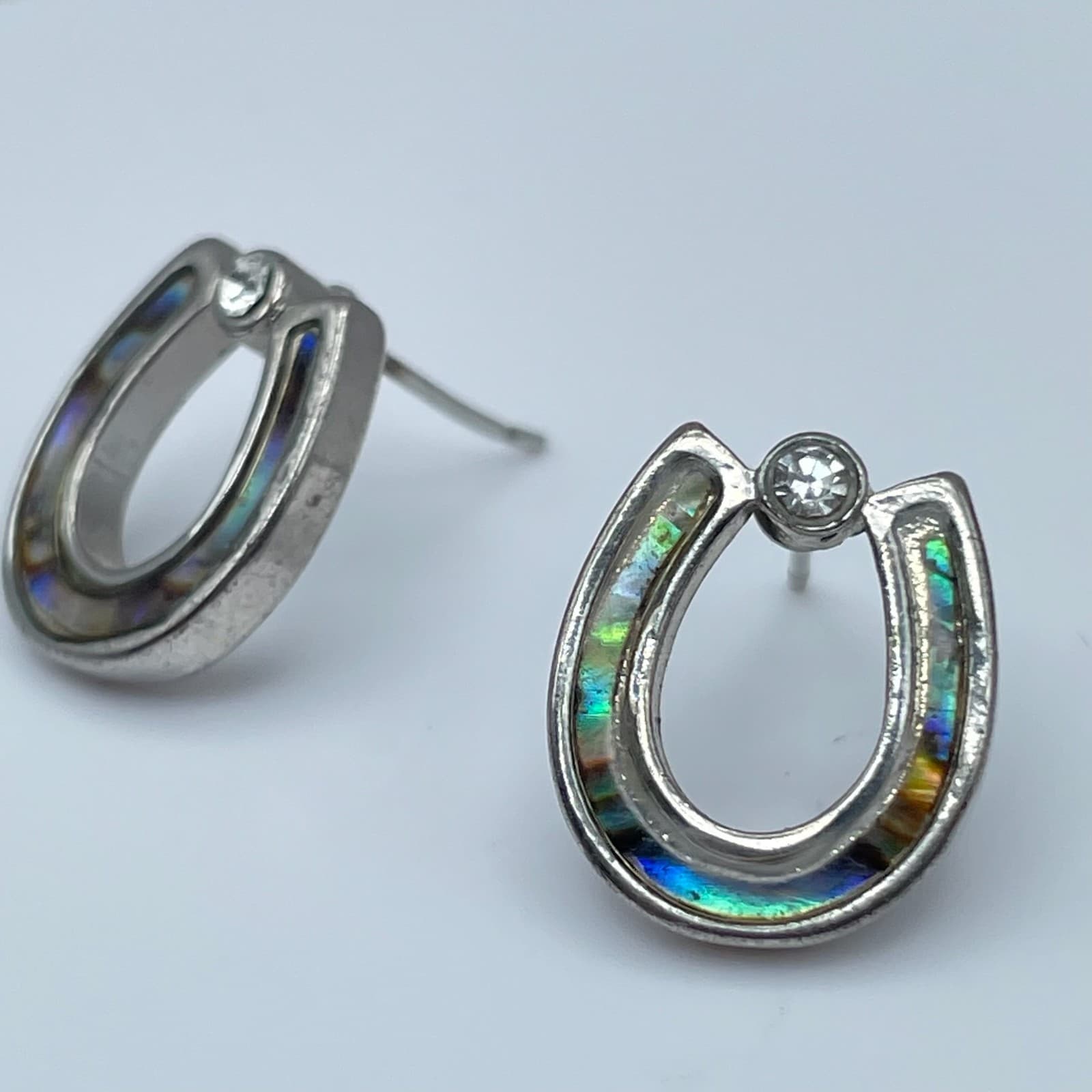Vintage 80s Silver-Tone Abalone Accent Horseshoe Stud Earrings Jewelry - Thumbnail 4