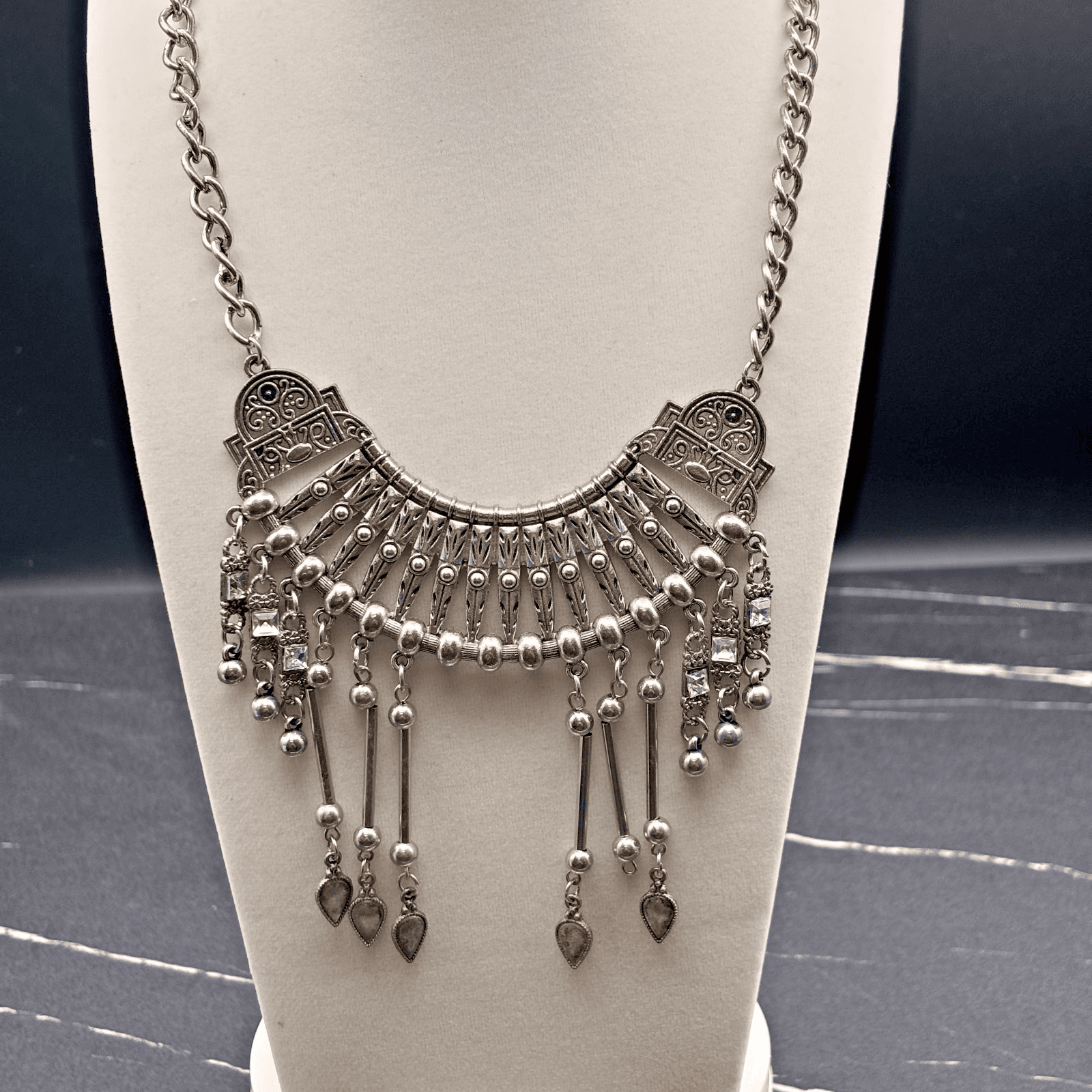 Boho Tribal Statement Necklace Silver Tone Gypsy Dangle Charms Ethnic Jewelry - Image 1