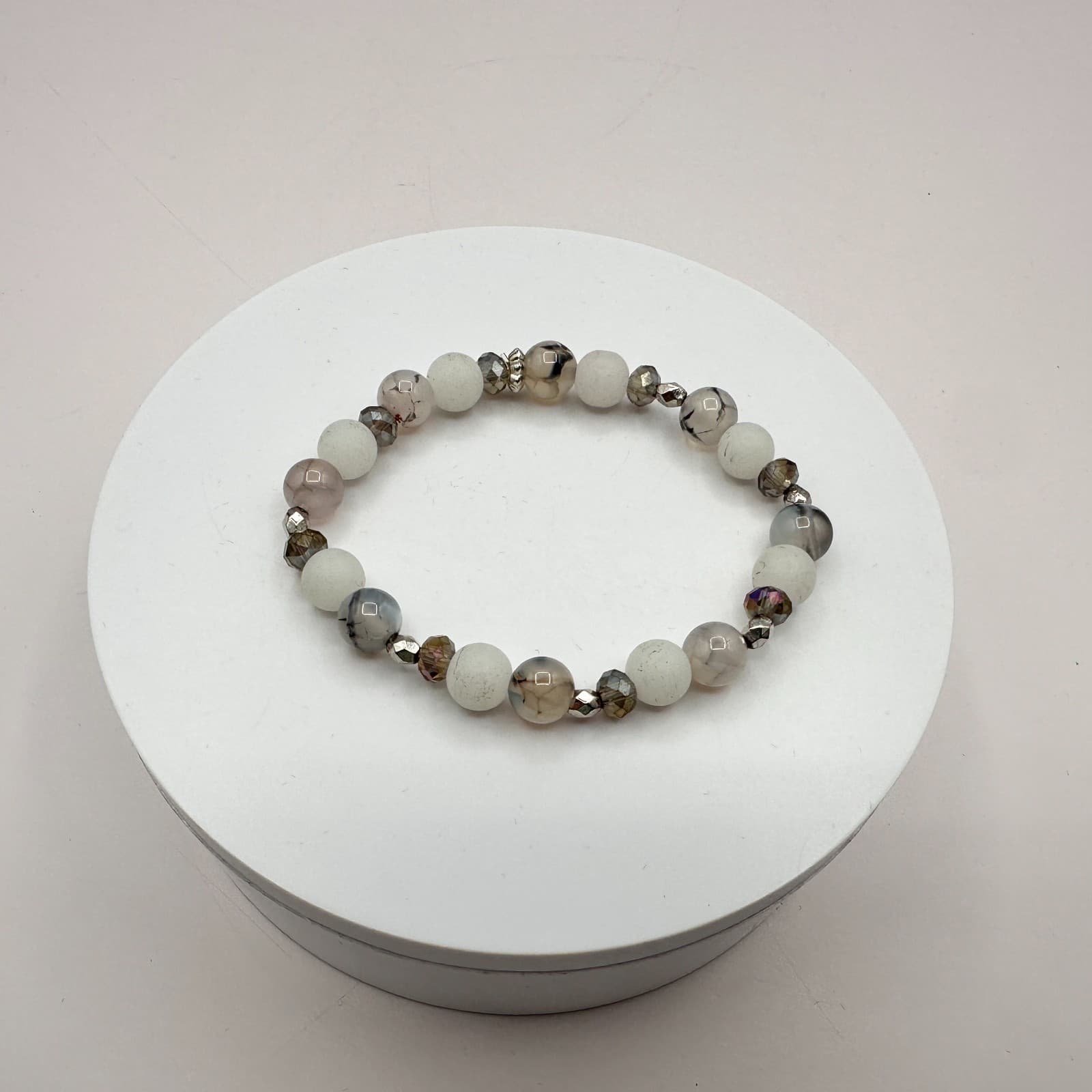 Vintage 90s Silver Tone Agate Beaded Stretch Bracelet Women's Classic Jewelry - Thumbnail 2