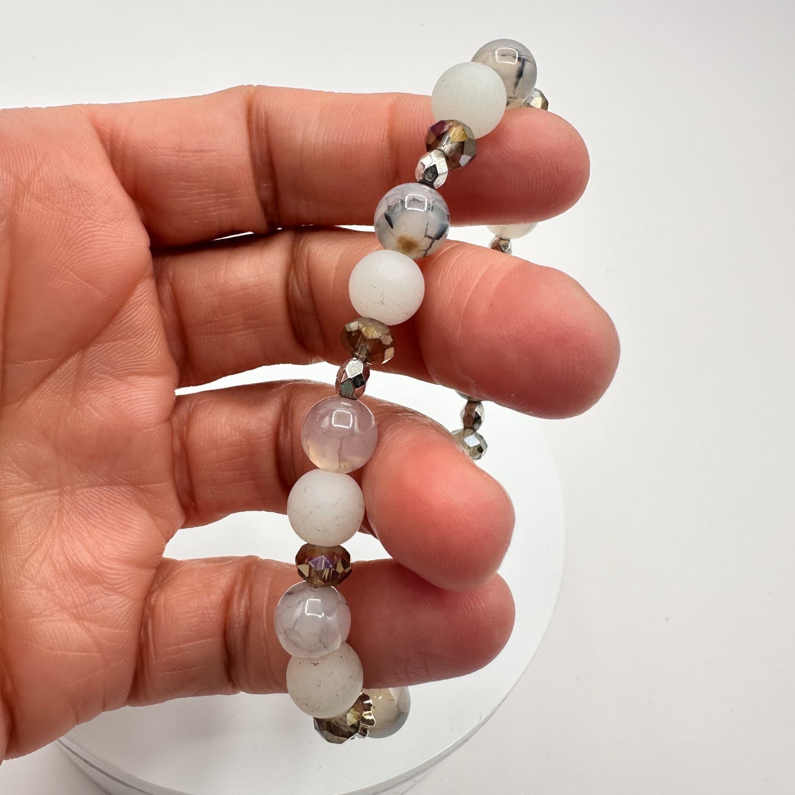 Vintage 90s Silver Tone Agate Beaded Stretch Bracelet Women's Classic Jewelry - Thumbnail 4