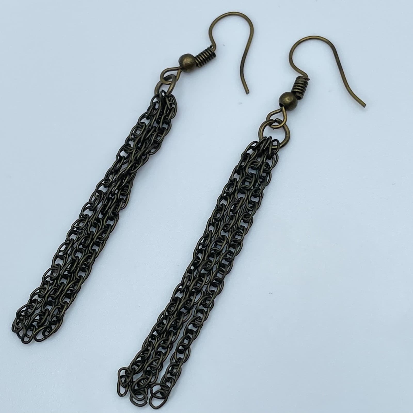 Vintage 90s Bronze Tone Multi Strand Chain Dangle Earrings Boho Women's Jewelry - Thumbnail 5