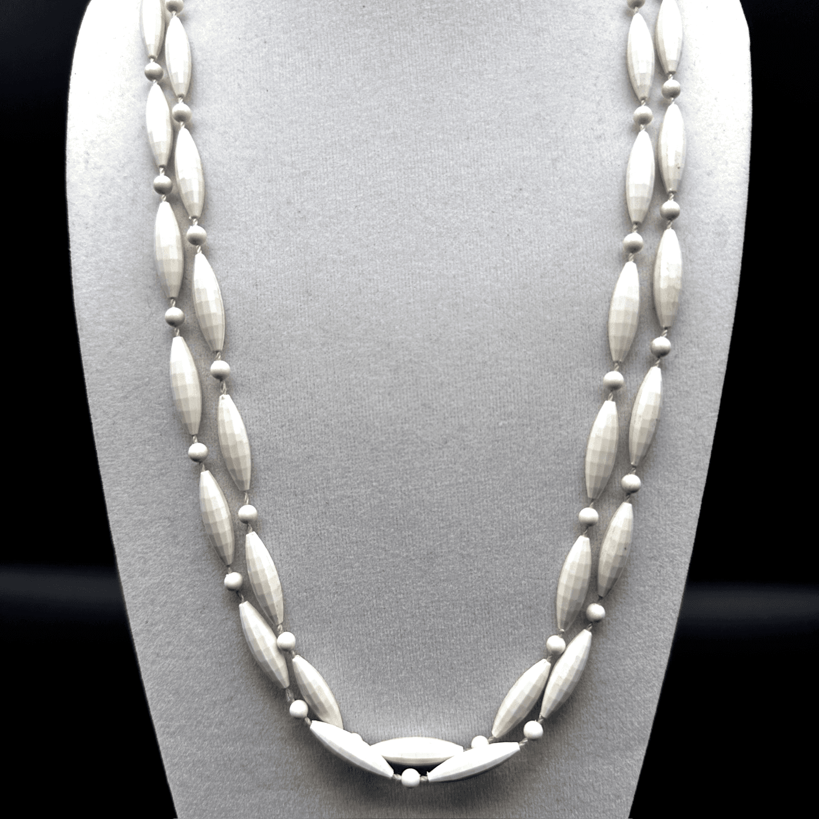 Vintage Long white strand necklace oval faceted beads round spacers 90s Jewelry - Image 1