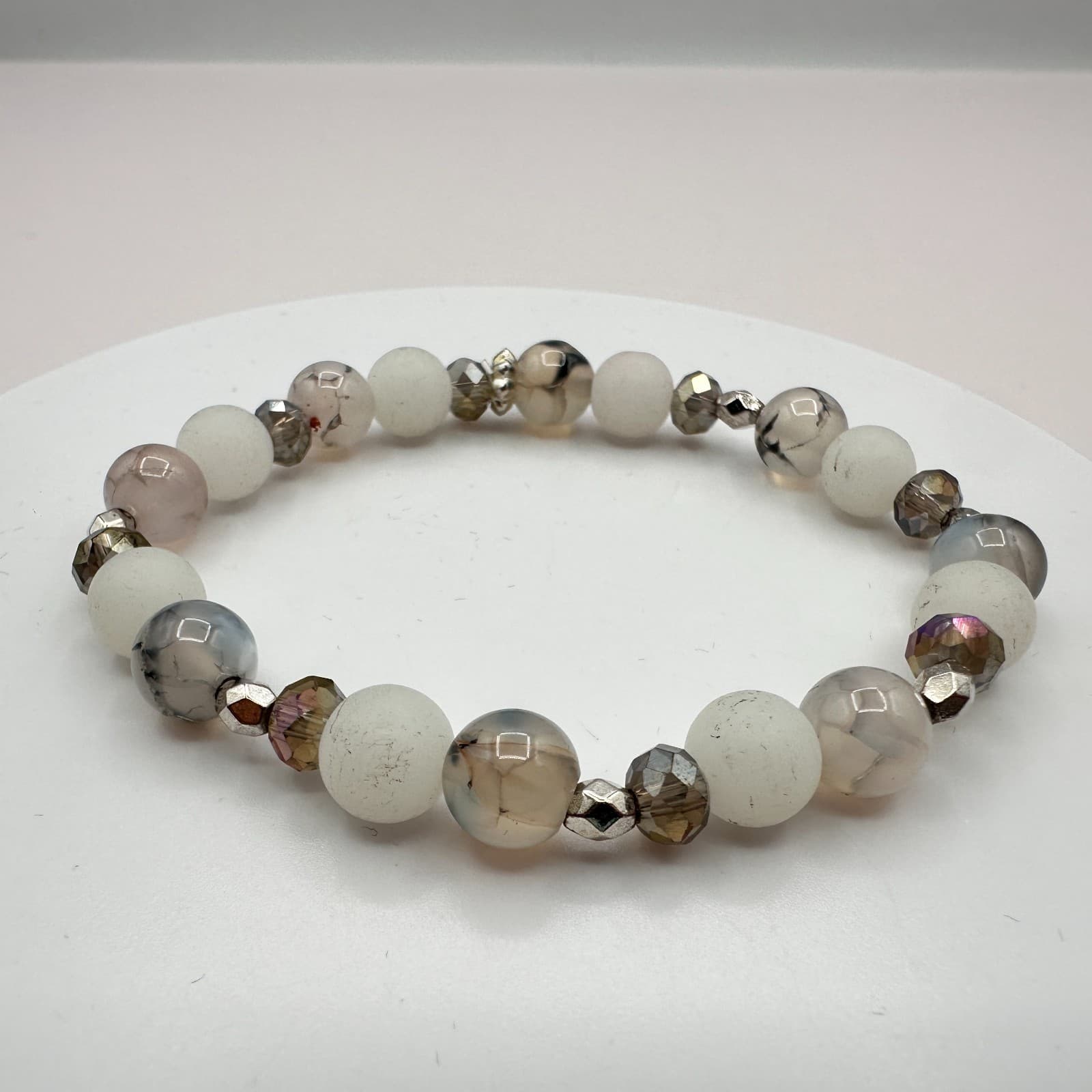 Vintage 90s Silver Tone Agate Beaded Stretch Bracelet Women's Classic Jewelry - Thumbnail 3