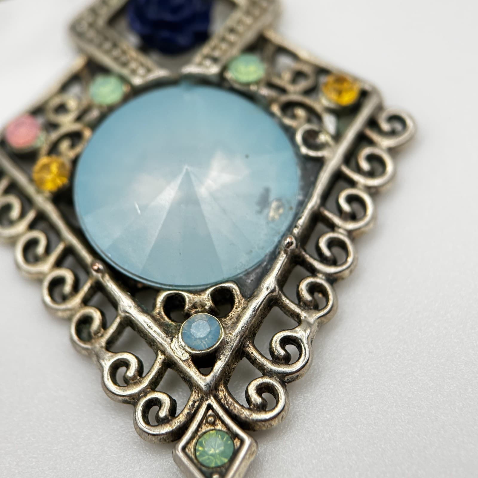 Vintage 90s Silver Tone Rhinestone Dangle Earrings Blue Cabochon Women's Jewelry - Thumbnail 6