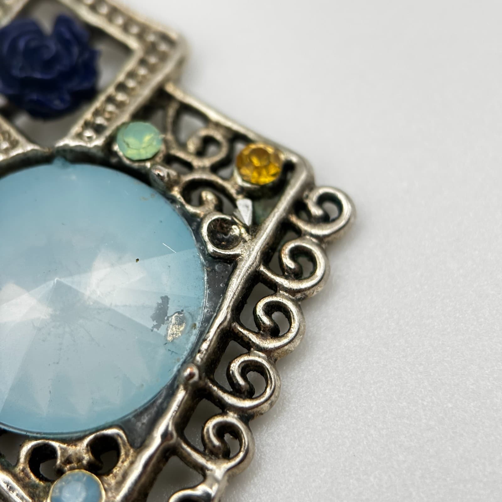 Vintage 90s Silver Tone Rhinestone Dangle Earrings Blue Cabochon Women's Jewelry - Thumbnail 8