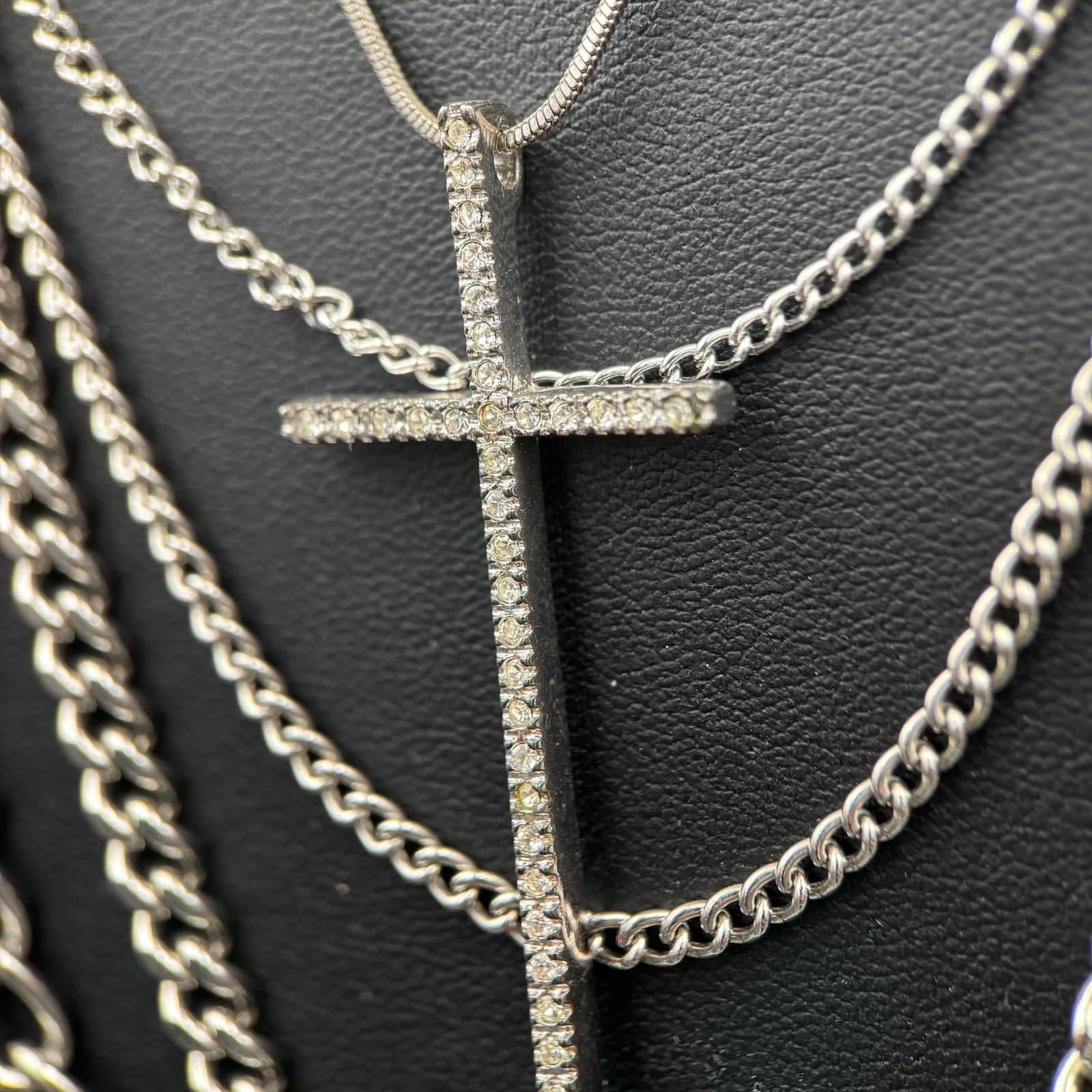 Vintage Rhinestone Encrusted Cross Charm Pendant Layered Chain Necklace Set - Thumbnail 3