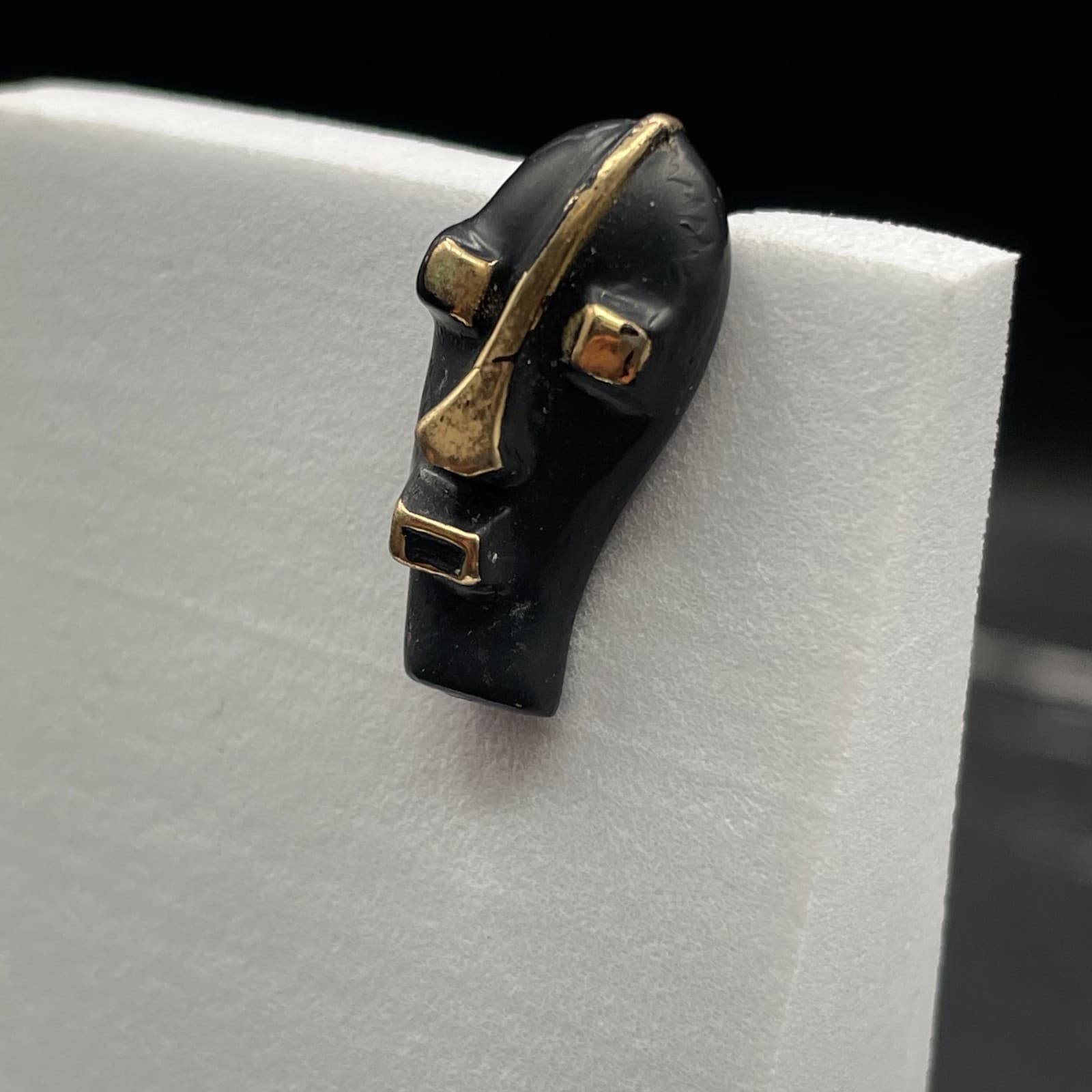 Vintage Tribal African Mask Black Gold Tone Tie Pin Lapel Tack Brooch 1 Inch - Thumbnail 2