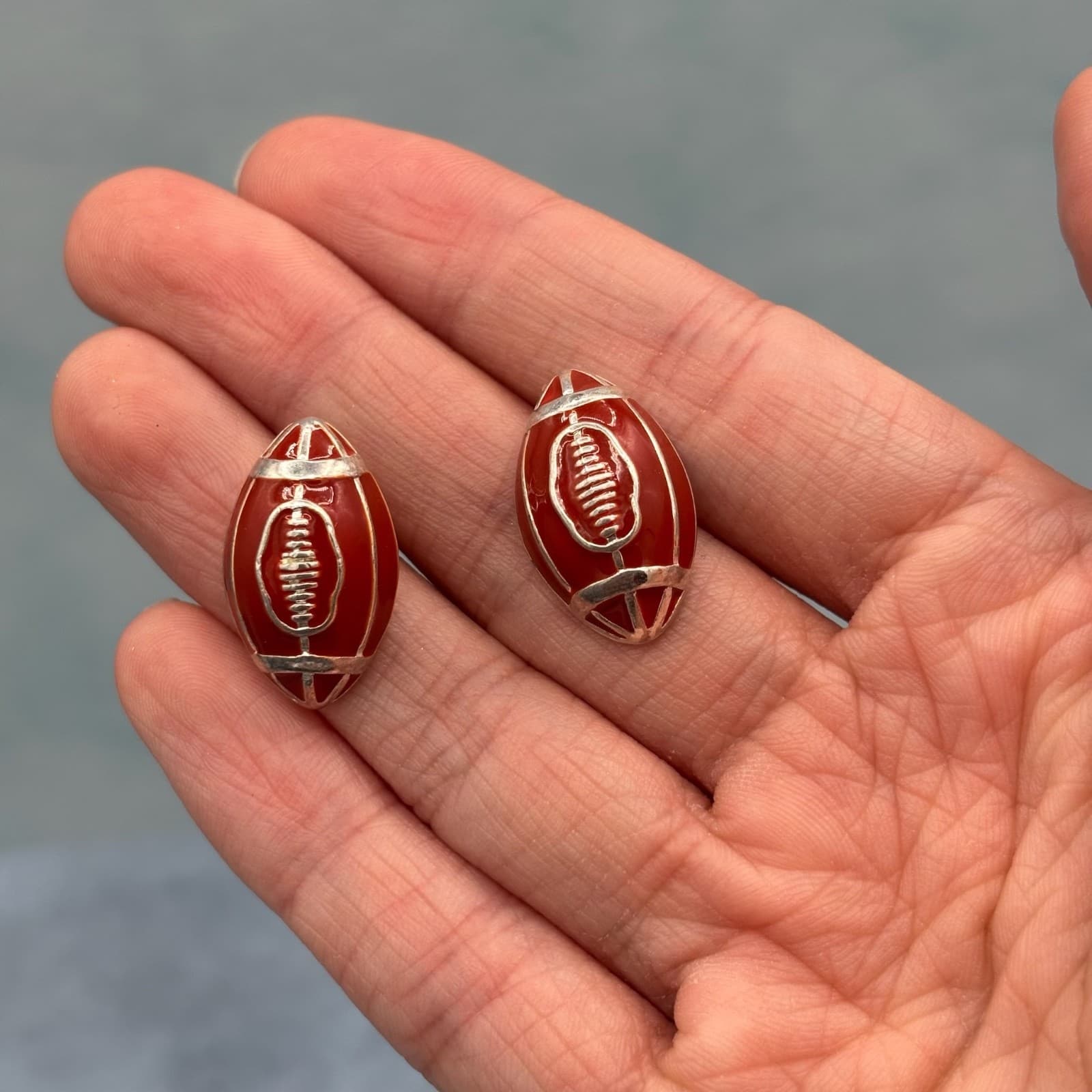 Vintage Football Earrings Red Enamel Silver Tone Pierced Stud Sports Fan Y2K - Thumbnail 5