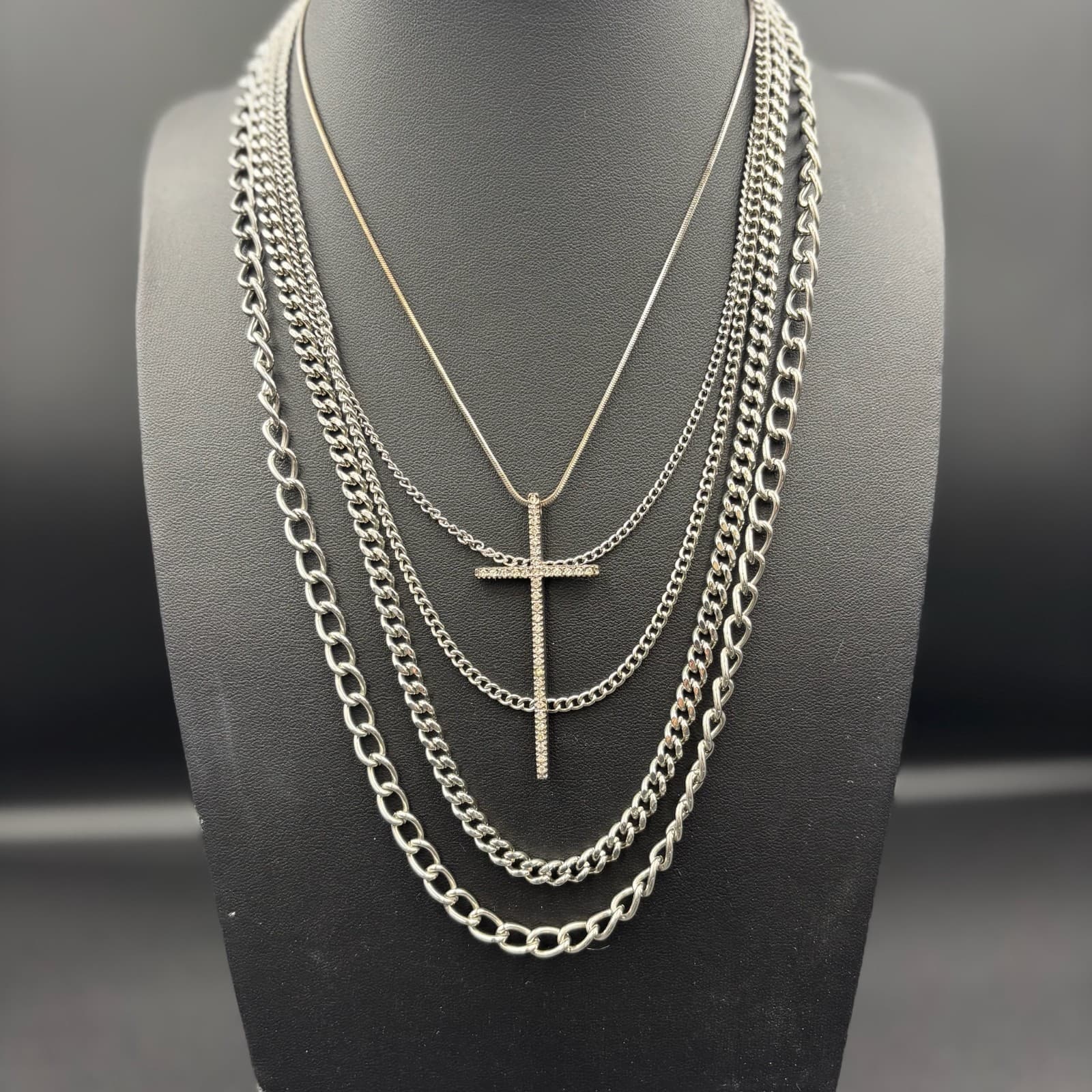 Vintage Rhinestone Encrusted Cross Charm Pendant Layered Chain Necklace Set - Thumbnail 2