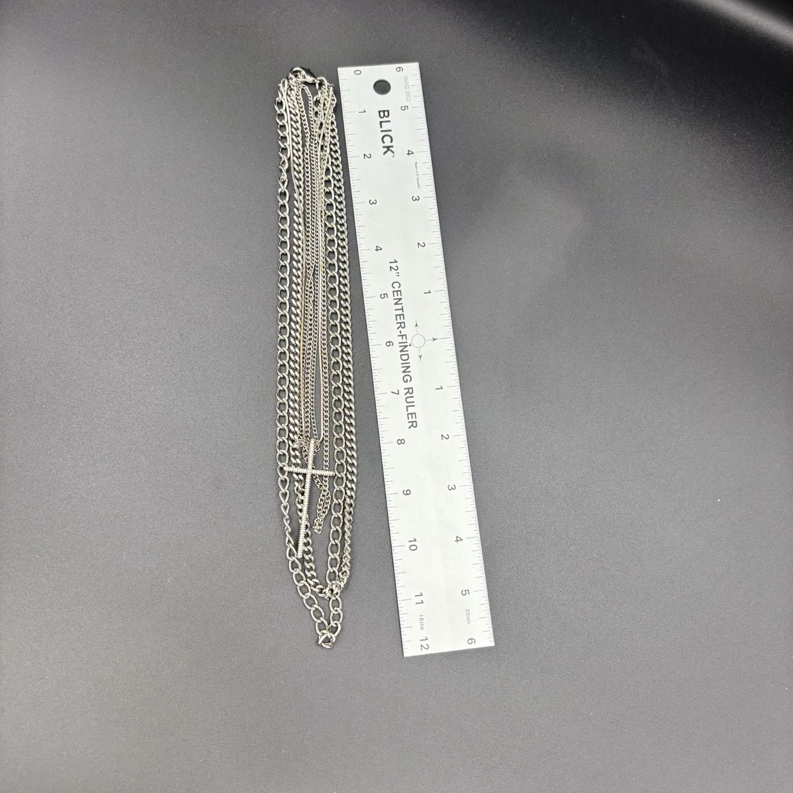 Vintage Rhinestone Encrusted Cross Charm Pendant Layered Chain Necklace Set - Thumbnail 6