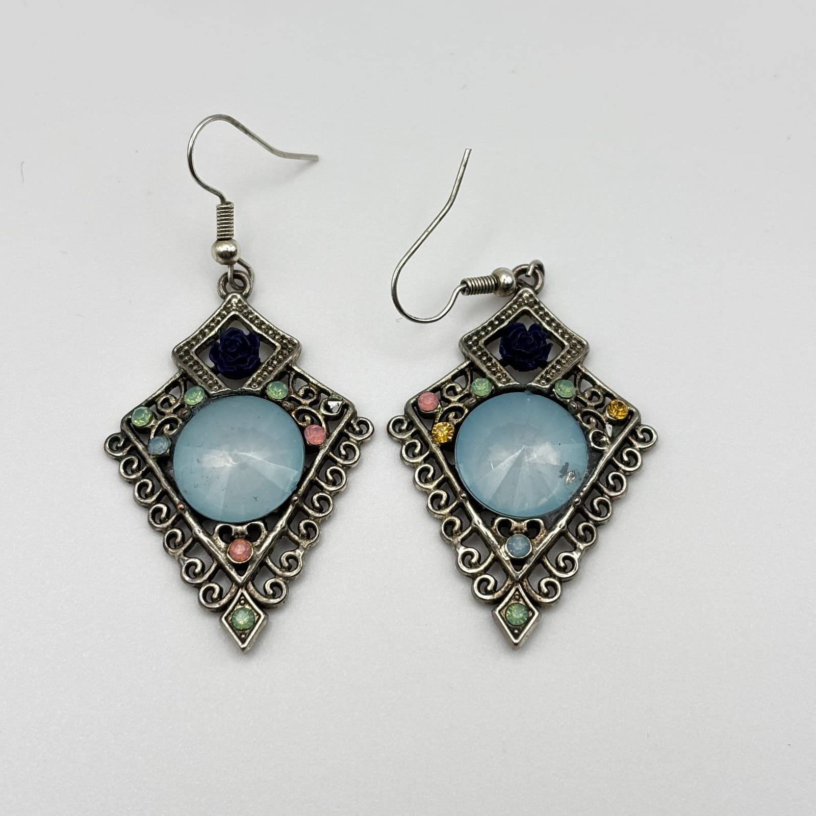 Vintage 90s Silver Tone Rhinestone Dangle Earrings Blue Cabochon Women's Jewelry - Image 1