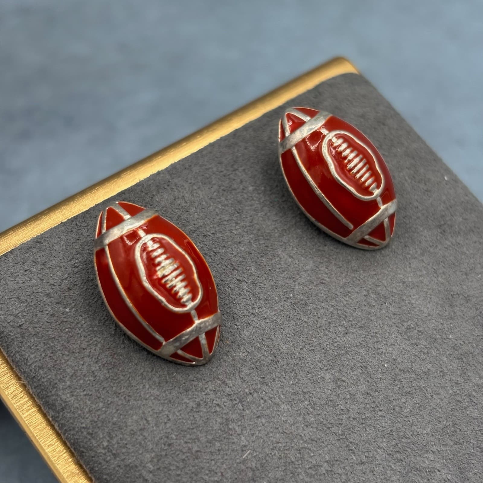 Vintage Football Earrings Red Enamel Silver Tone Pierced Stud Sports Fan Y2K - Image 1