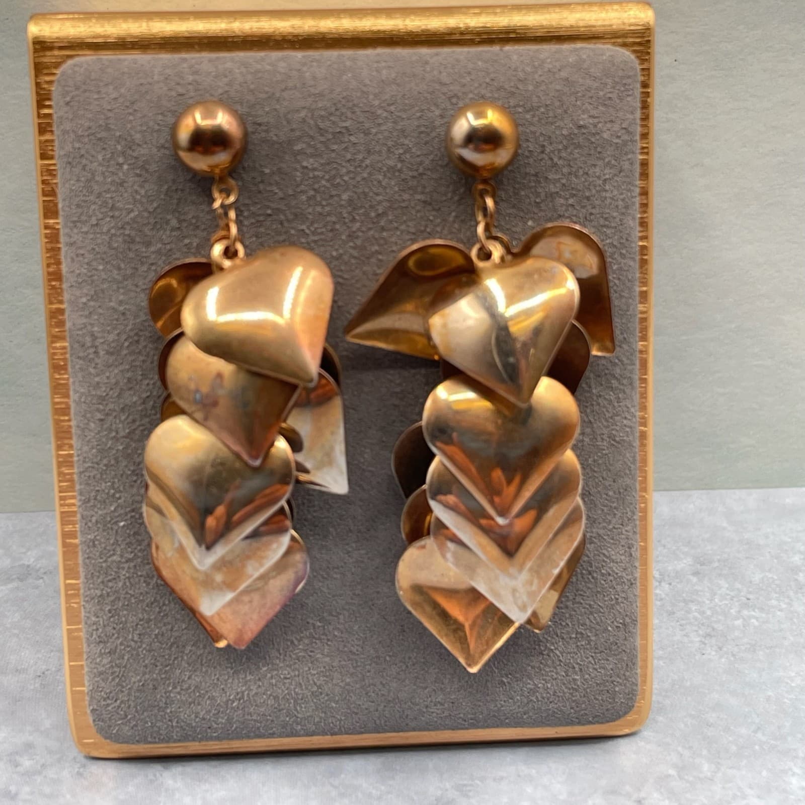 Vintage Style Cascading Heart Dangle Earrings Rose Gold Tone Statement Post - Image 1