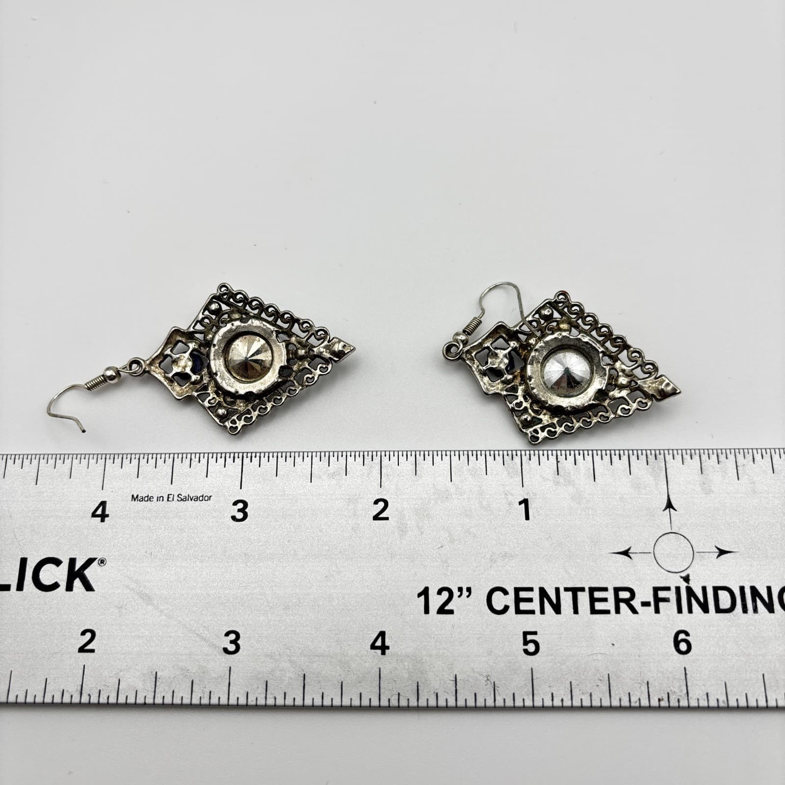 Vintage 90s Silver Tone Rhinestone Dangle Earrings Blue Cabochon Women's Jewelry - Thumbnail 13