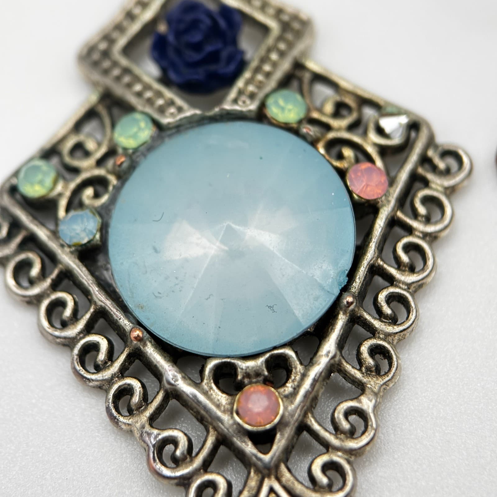 Vintage 90s Silver Tone Rhinestone Dangle Earrings Blue Cabochon Women's Jewelry - Thumbnail 9