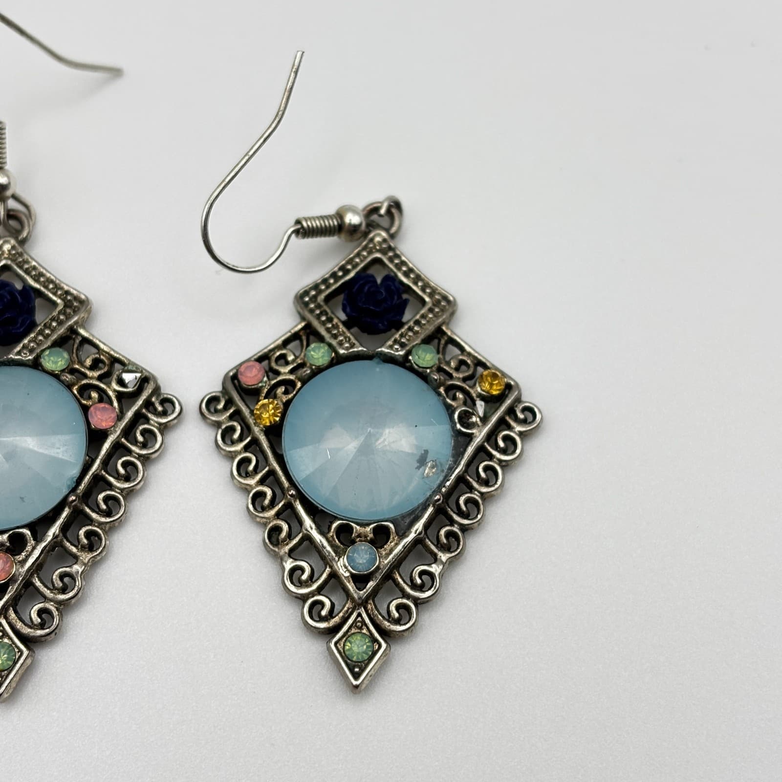 Vintage 90s Silver Tone Rhinestone Dangle Earrings Blue Cabochon Women's Jewelry - Thumbnail 4