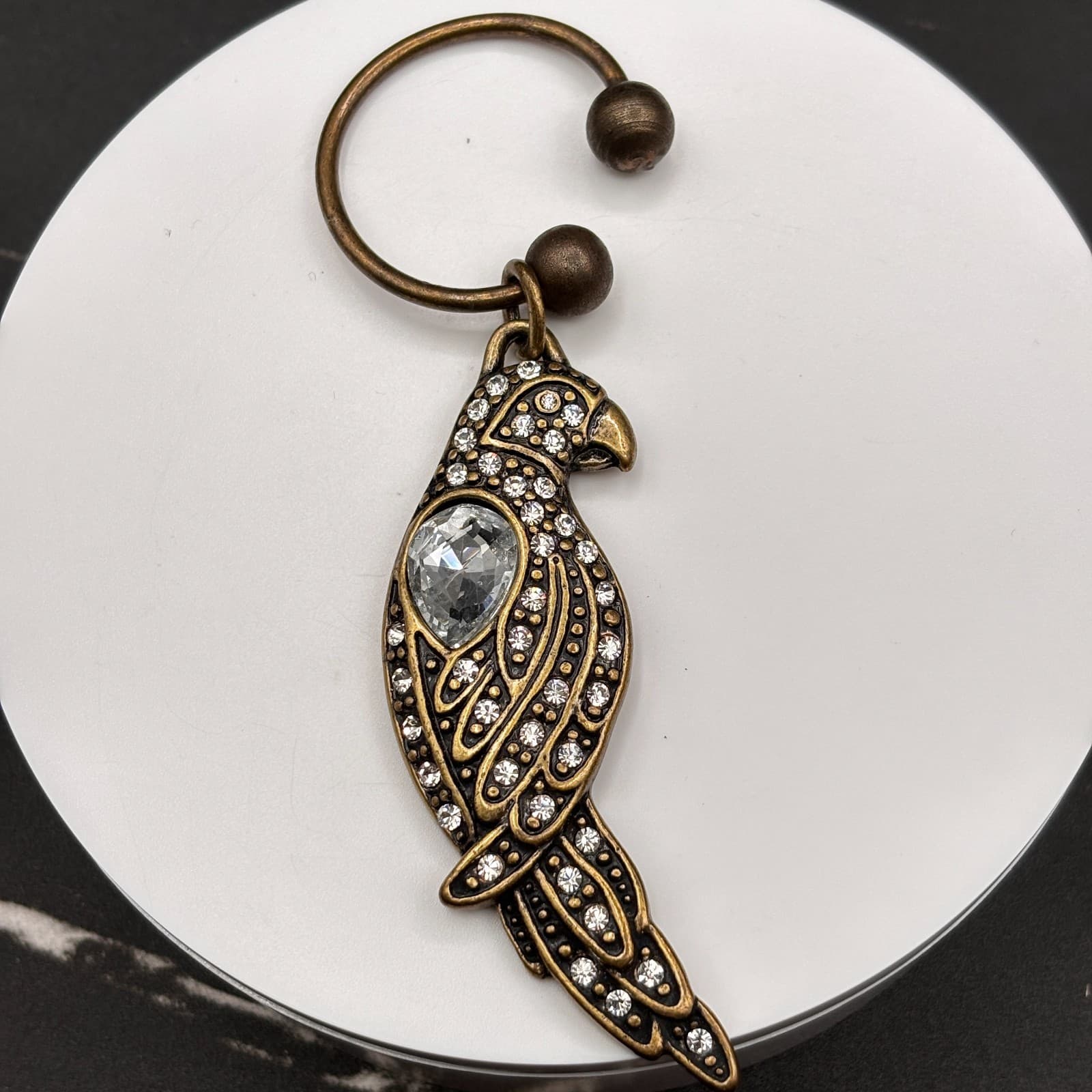 Chico’s Parrot Crystal Keychain Bronze Tone Rhinestone Bird Bag Charm Jewelry - Image 1