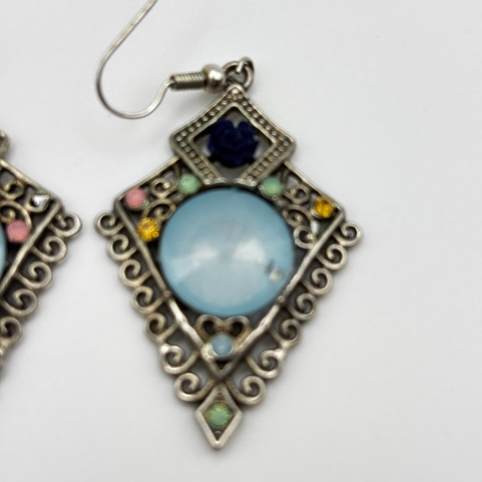 Vintage 90s Silver Tone Rhinestone Dangle Earrings Blue Cabochon Women's Jewelry - Thumbnail 3