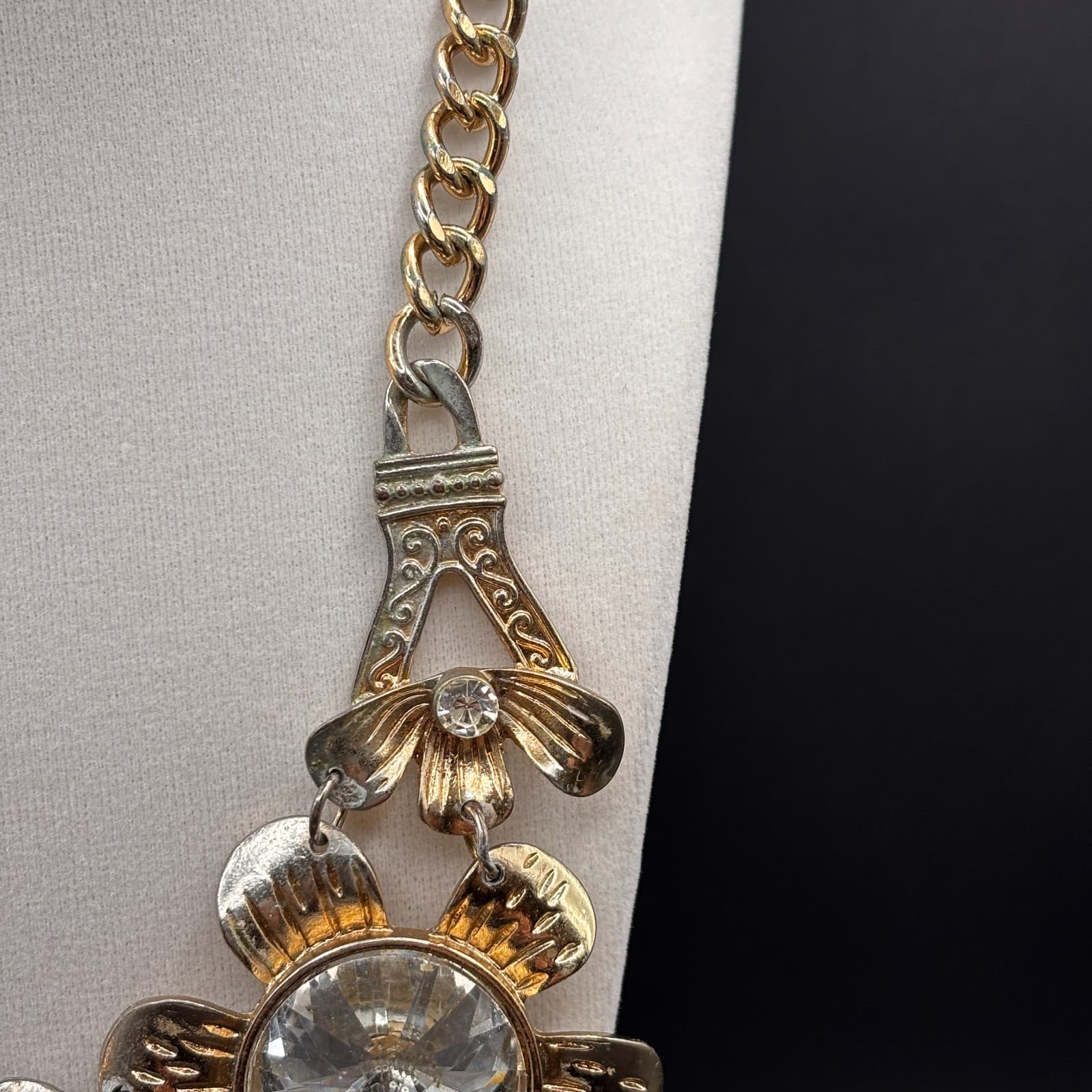 Vintage Statement Flower Necklace Crystal Choker Eiffel Tower Gold Tone Jewelry - Thumbnail 3