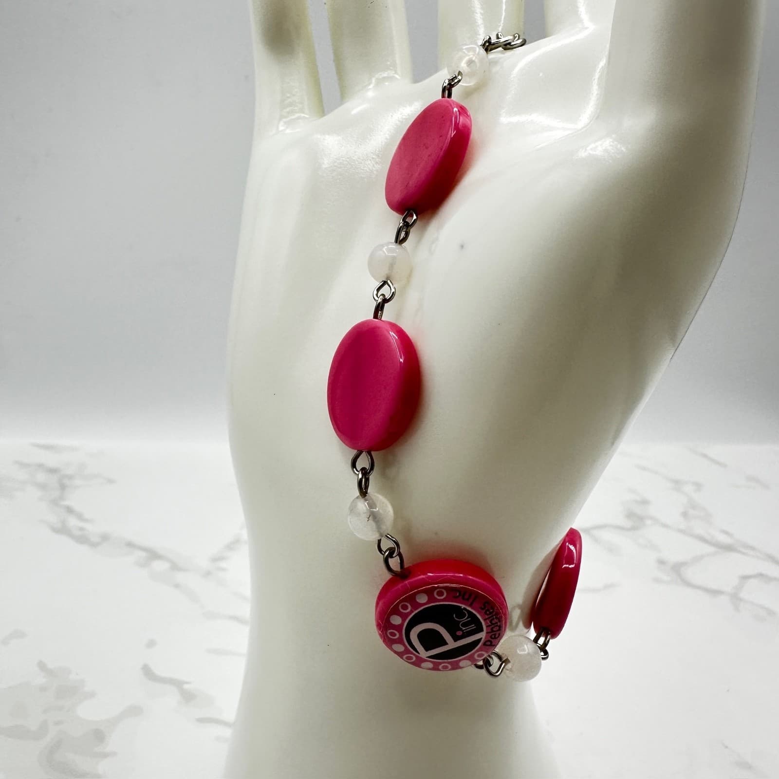 Vintage Pebbles Inc Red Pink White Beaded Charm Bracelet Letter P Silver Tone - Thumbnail 2