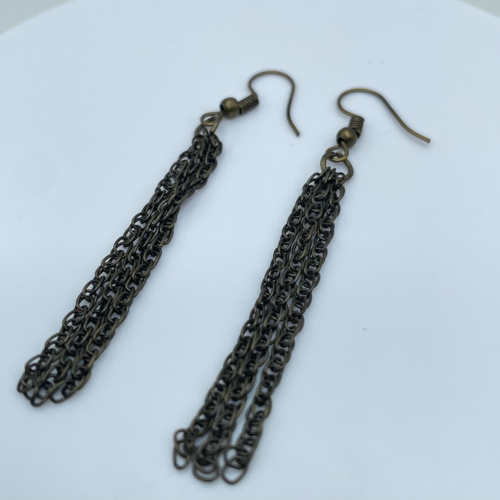 Vintage 90s Bronze Tone Multi Strand Chain Dangle Earrings Boho Women's Jewelry - Thumbnail 2