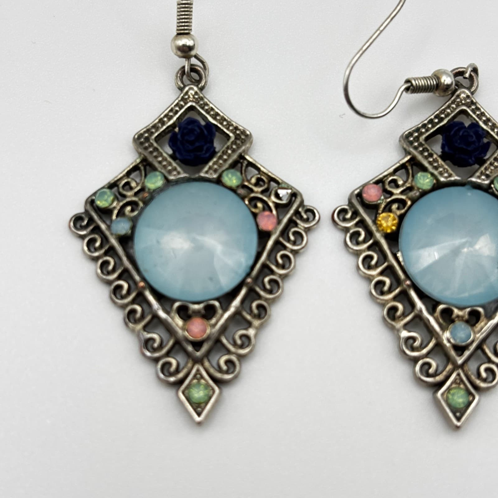 Vintage 90s Silver Tone Rhinestone Dangle Earrings Blue Cabochon Women's Jewelry - Thumbnail 2