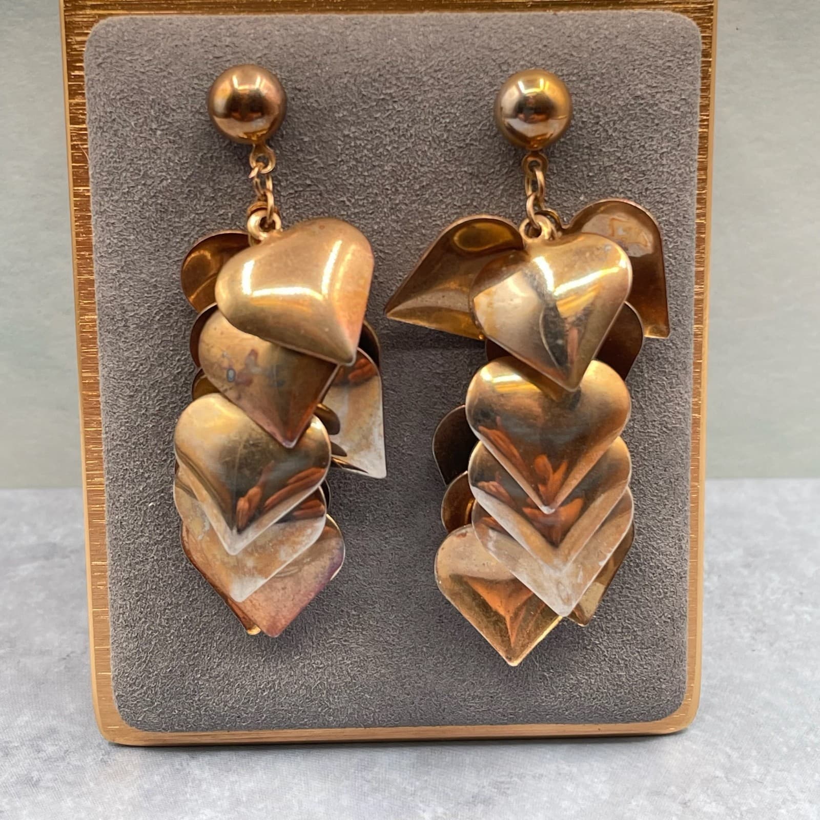 Vintage Style Cascading Heart Dangle Earrings Rose Gold Tone Statement Post - Thumbnail 4