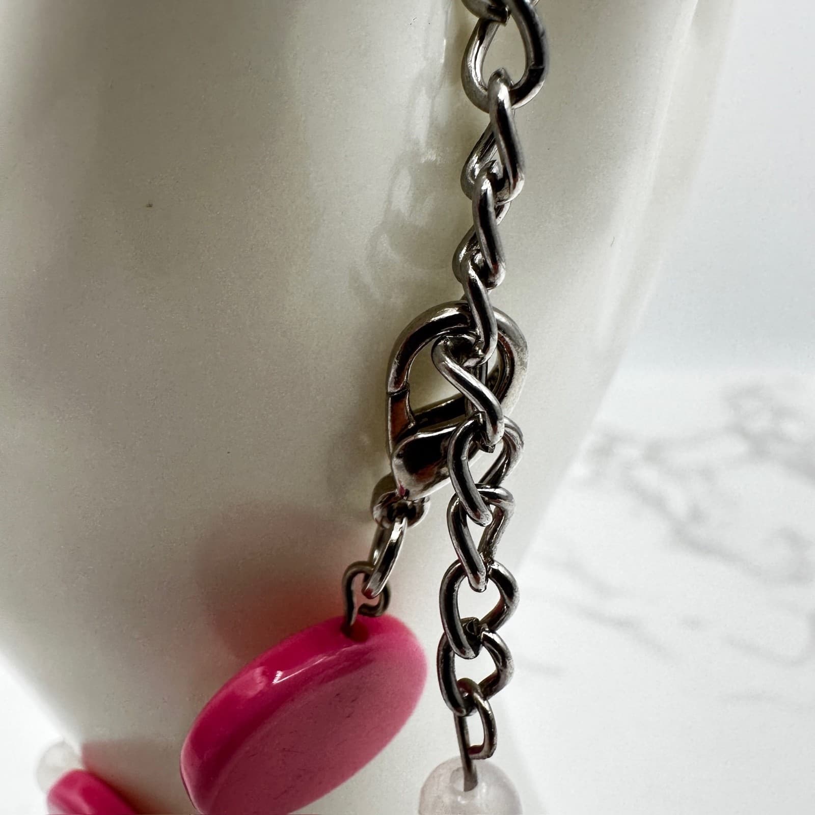 Vintage Pebbles Inc Red Pink White Beaded Charm Bracelet Letter P Silver Tone - Thumbnail 5