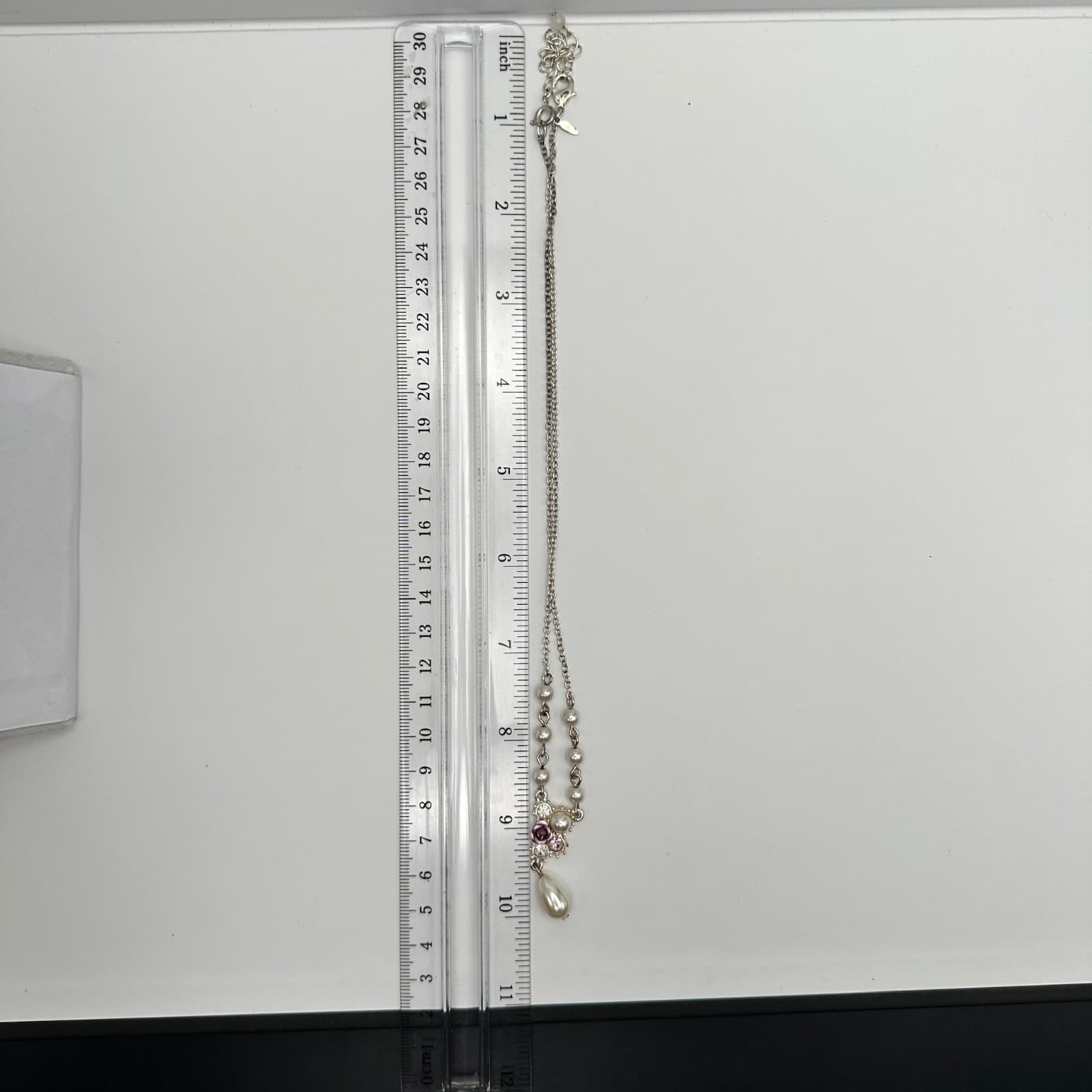 Vintage Y2K Pearl Pink Rhinestone Pendant Necklace Silver Tone Chain Teardrop - Thumbnail 7