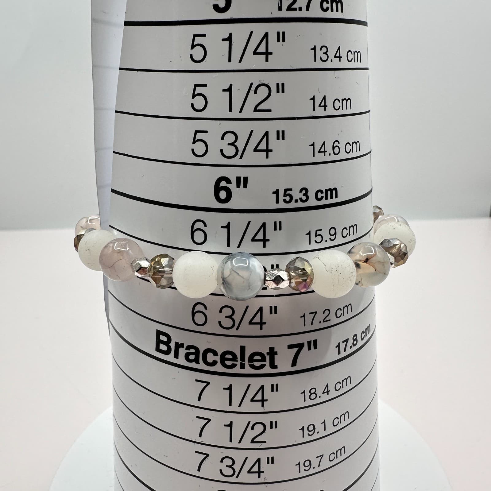 Vintage 90s Silver Tone Agate Beaded Stretch Bracelet Women's Classic Jewelry - Thumbnail 5