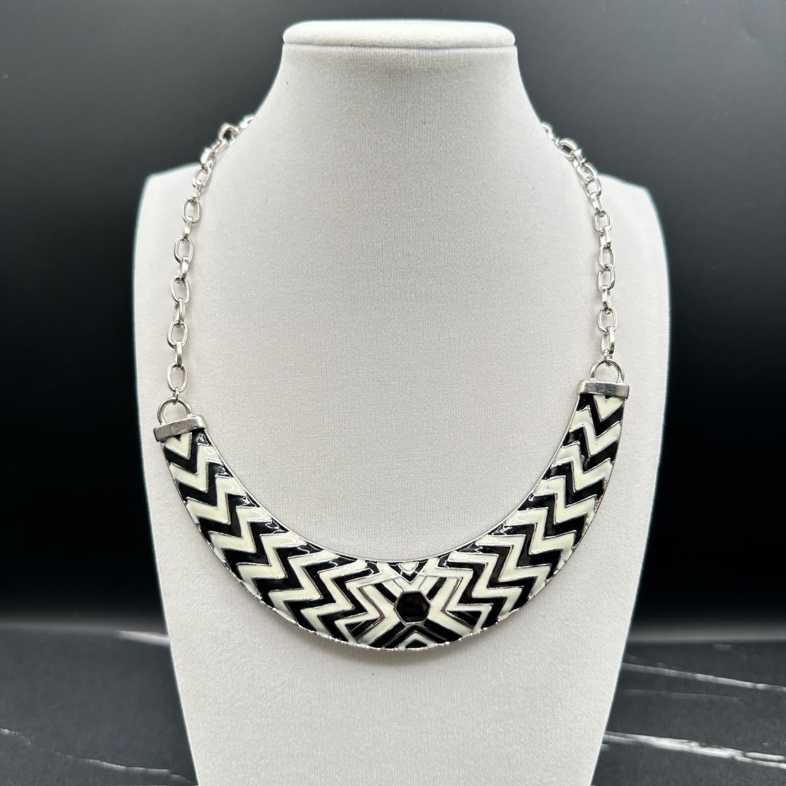 Vintage Cookie Lee Aztec Tribal Enamel Bib Collar Necklace Black White Boho Y2k - Image 1