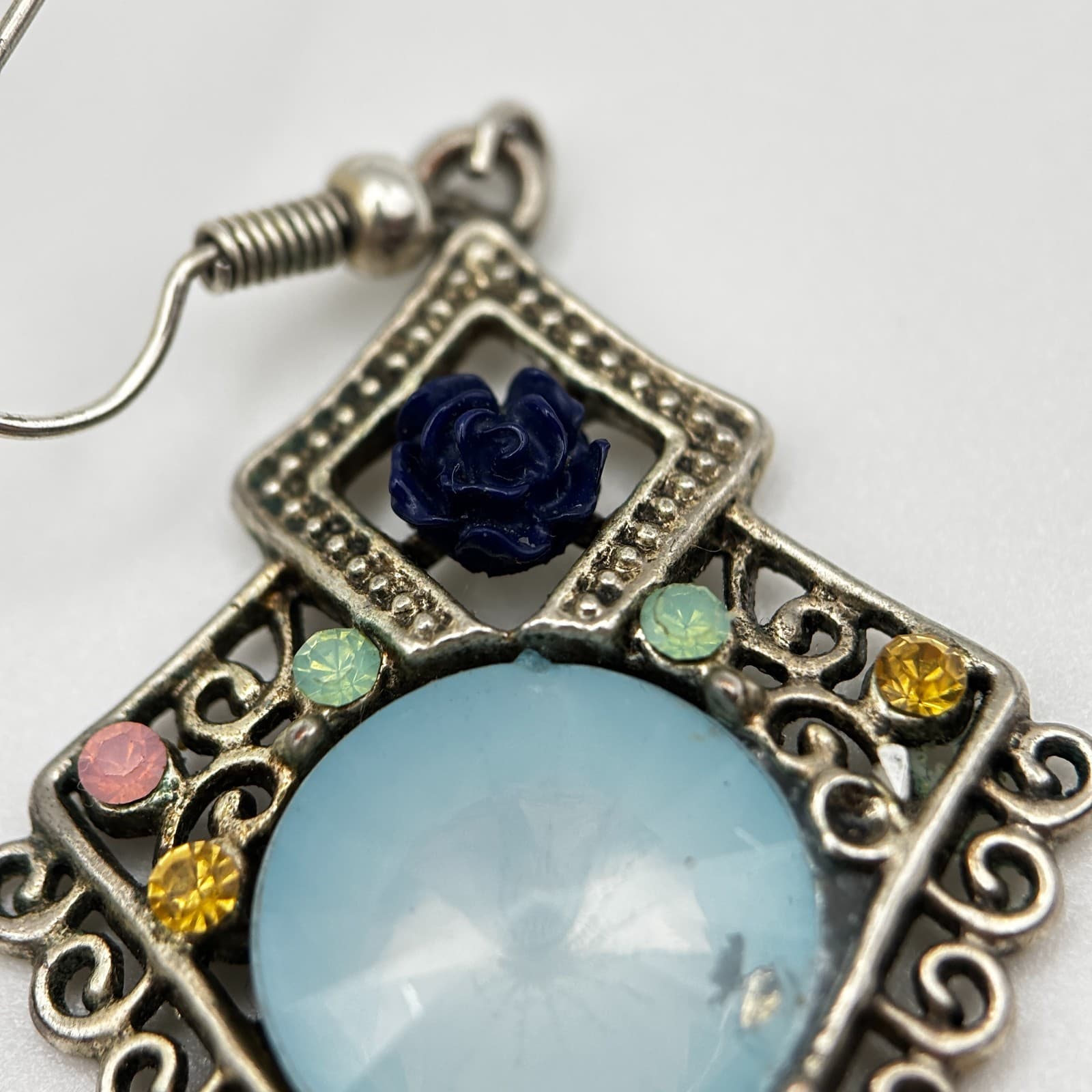 Vintage 90s Silver Tone Rhinestone Dangle Earrings Blue Cabochon Women's Jewelry - Thumbnail 7