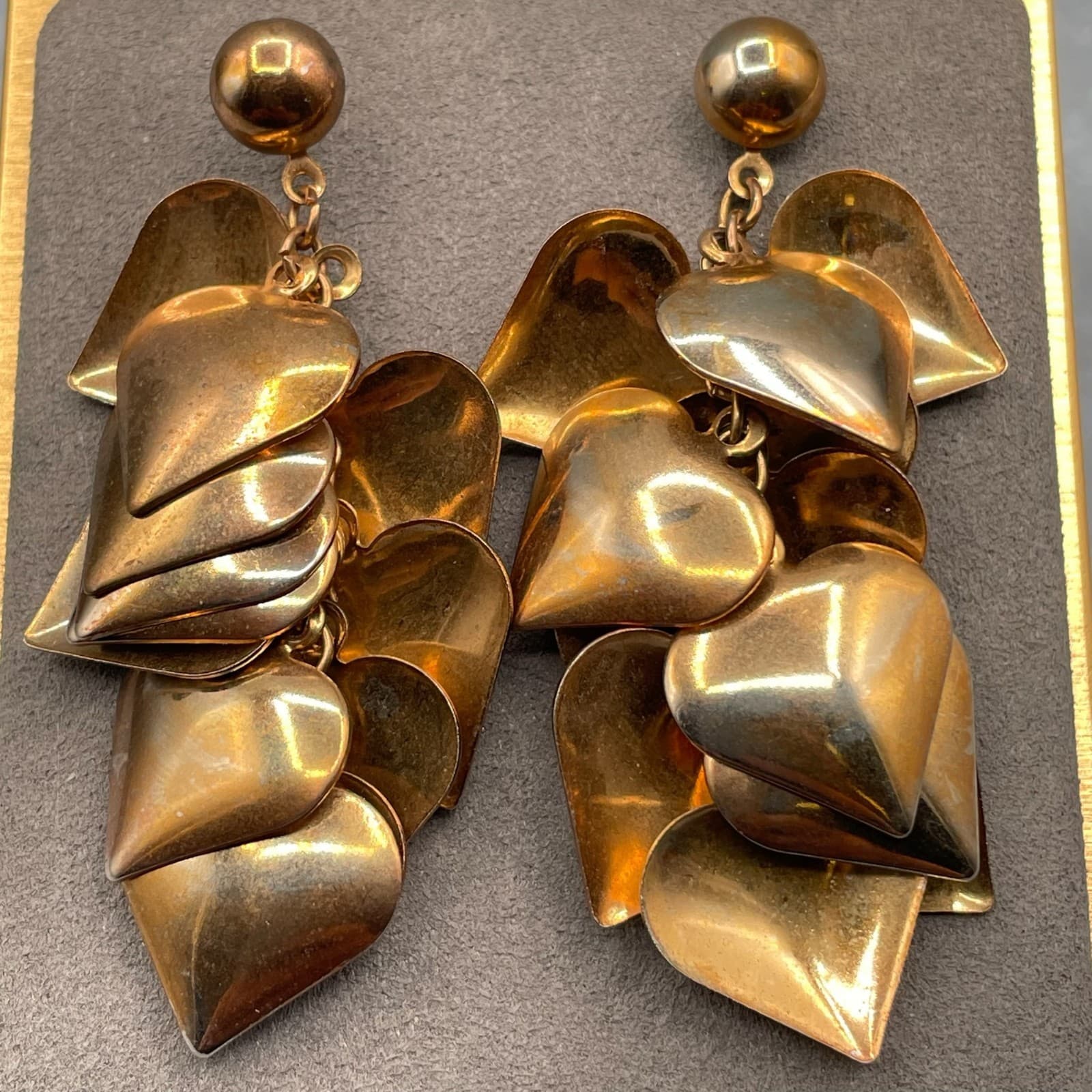 Vintage Style Cascading Heart Dangle Earrings Rose Gold Tone Statement Post - Thumbnail 3