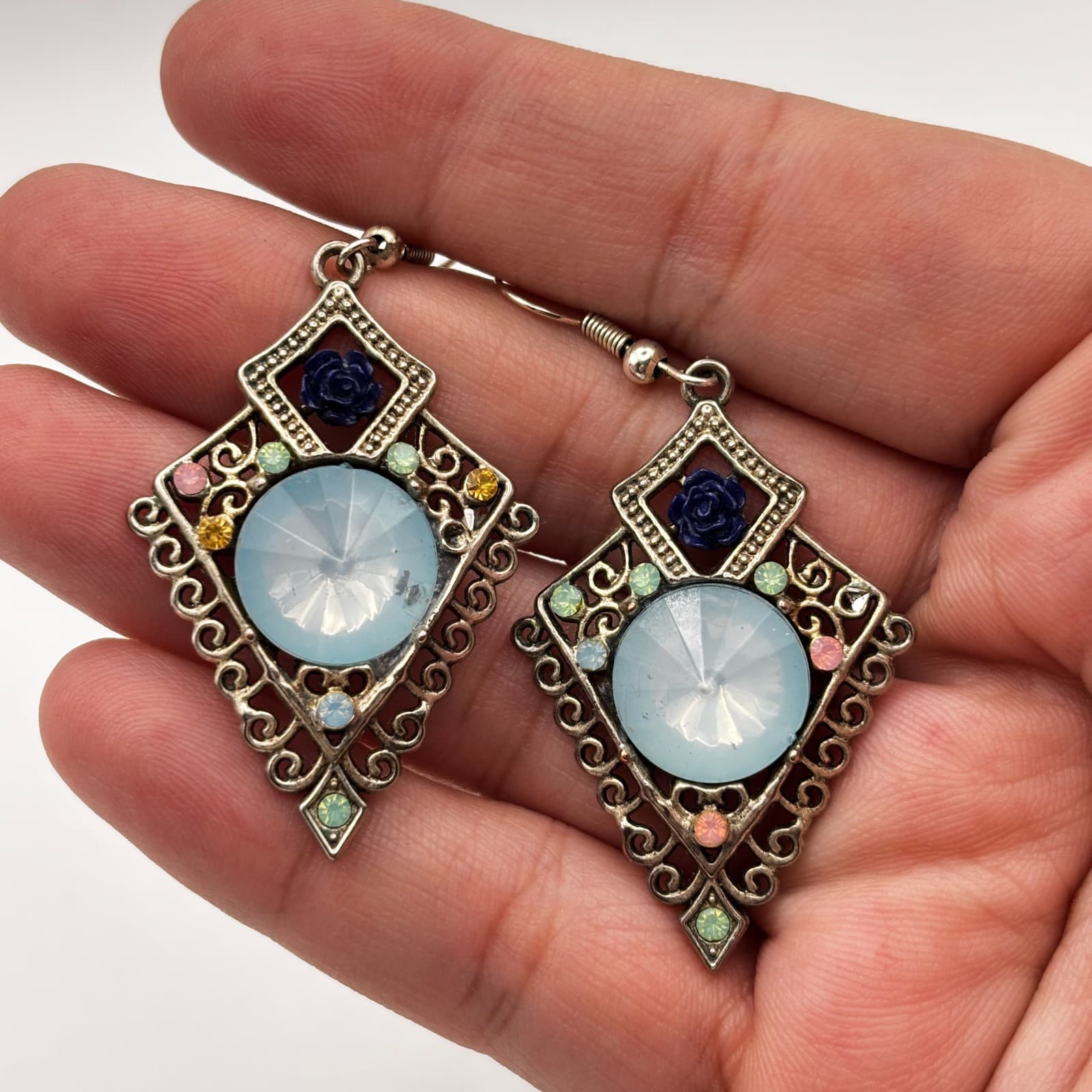 Vintage 90s Silver Tone Rhinestone Dangle Earrings Blue Cabochon Women's Jewelry - Thumbnail 12