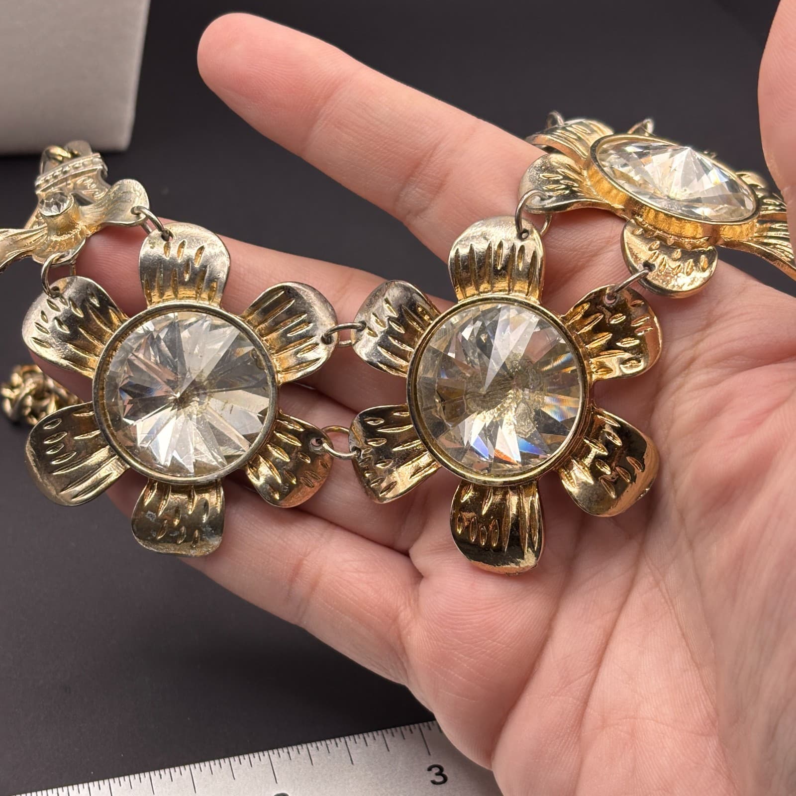 Vintage Statement Flower Necklace Crystal Choker Eiffel Tower Gold Tone Jewelry - Thumbnail 2