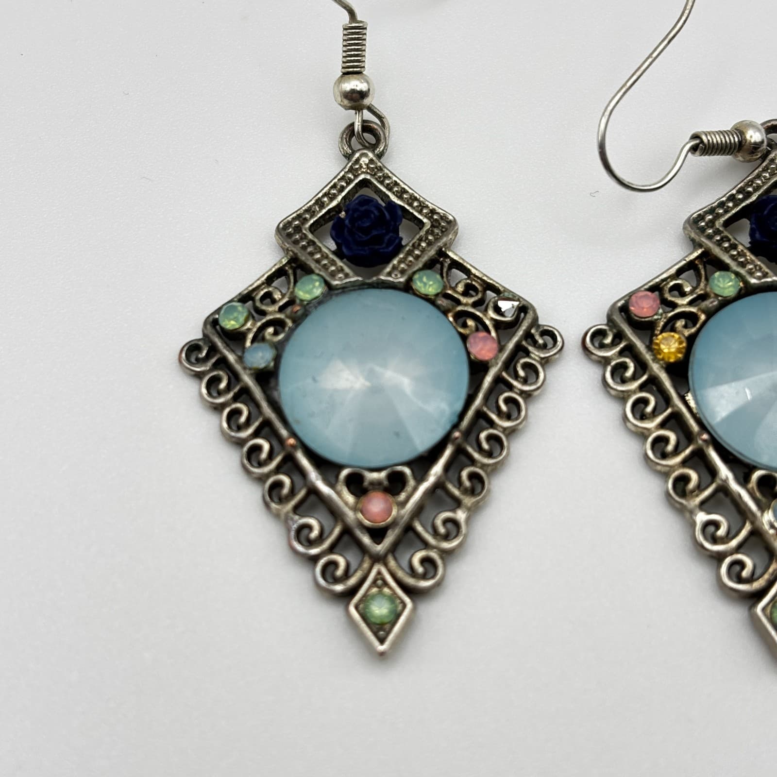 Vintage 90s Silver Tone Rhinestone Dangle Earrings Blue Cabochon Women's Jewelry - Thumbnail 5