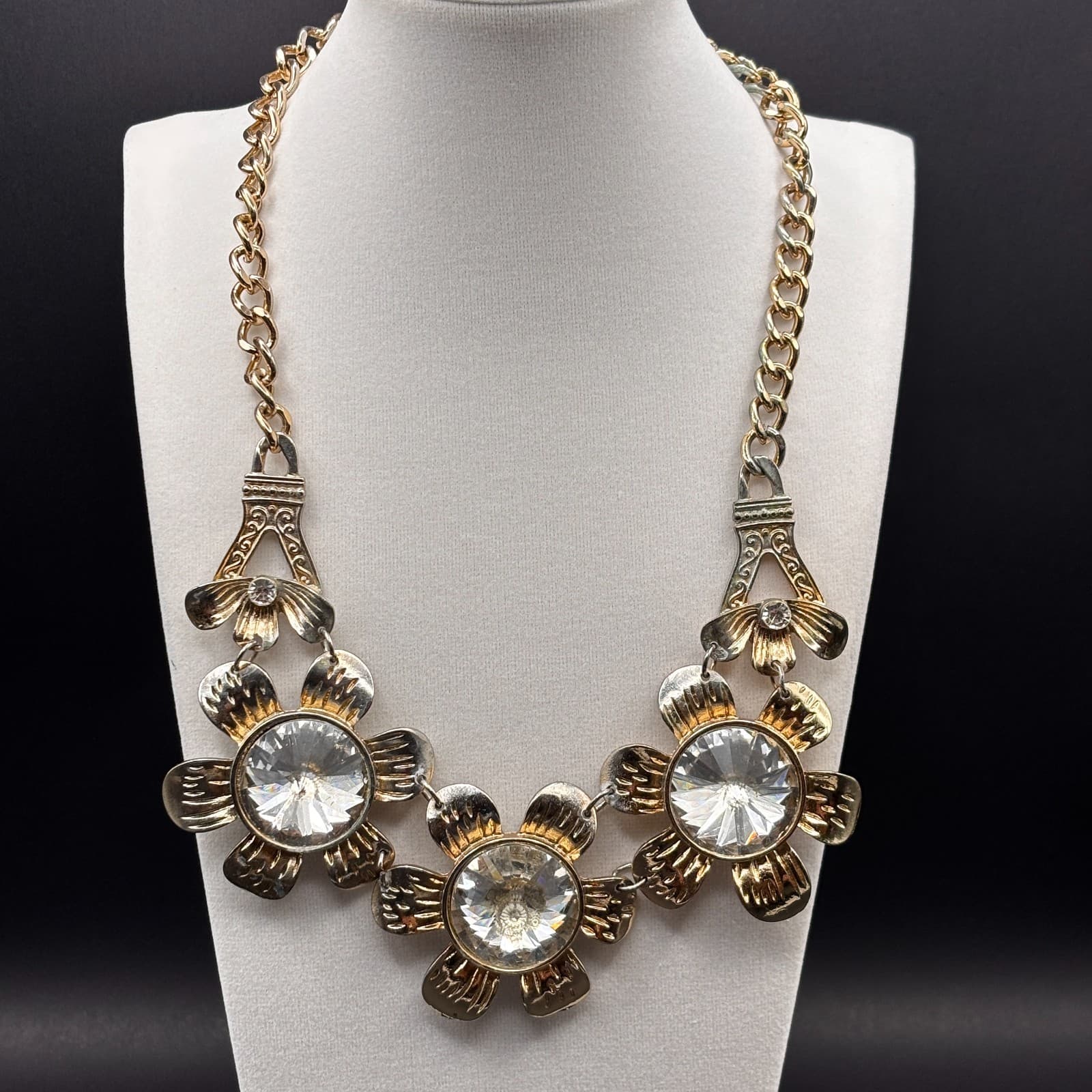 Vintage Statement Flower Necklace Crystal Choker Eiffel Tower Gold Tone Jewelry - Image 1