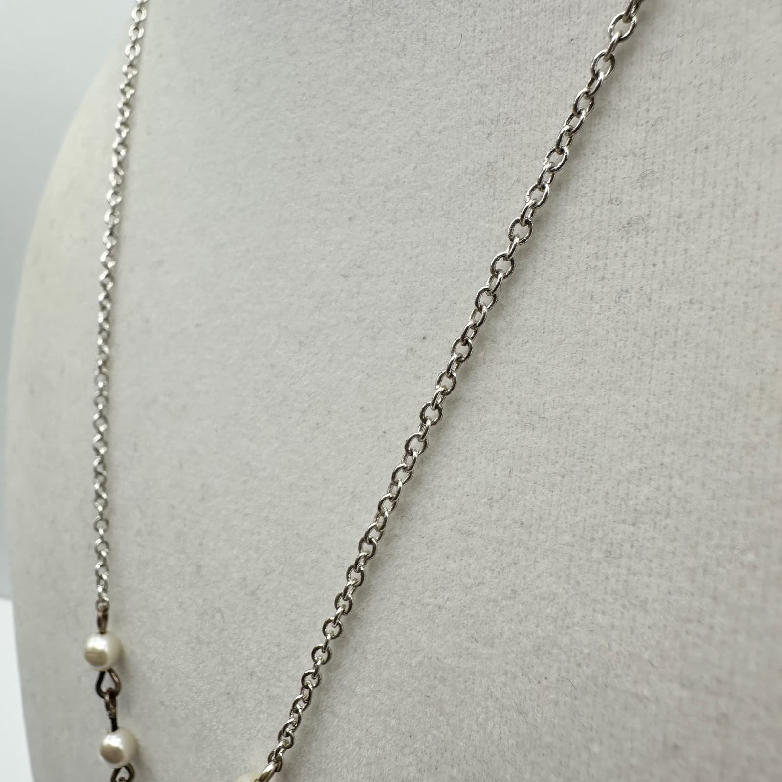 Vintage Y2K Pearl Pink Rhinestone Pendant Necklace Silver Tone Chain Teardrop - Thumbnail 5