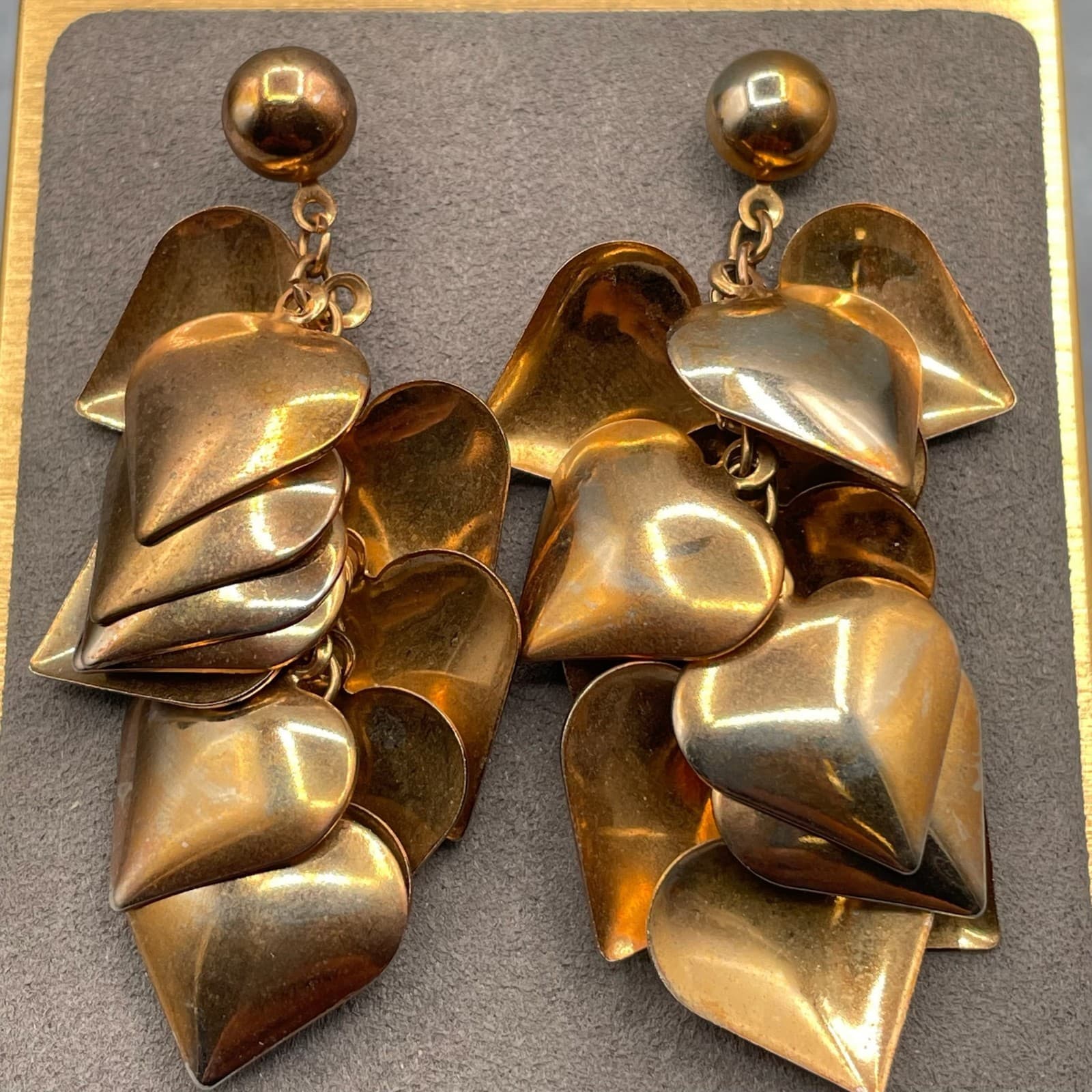 Vintage Style Cascading Heart Dangle Earrings Rose Gold Tone Statement Post - Thumbnail 2