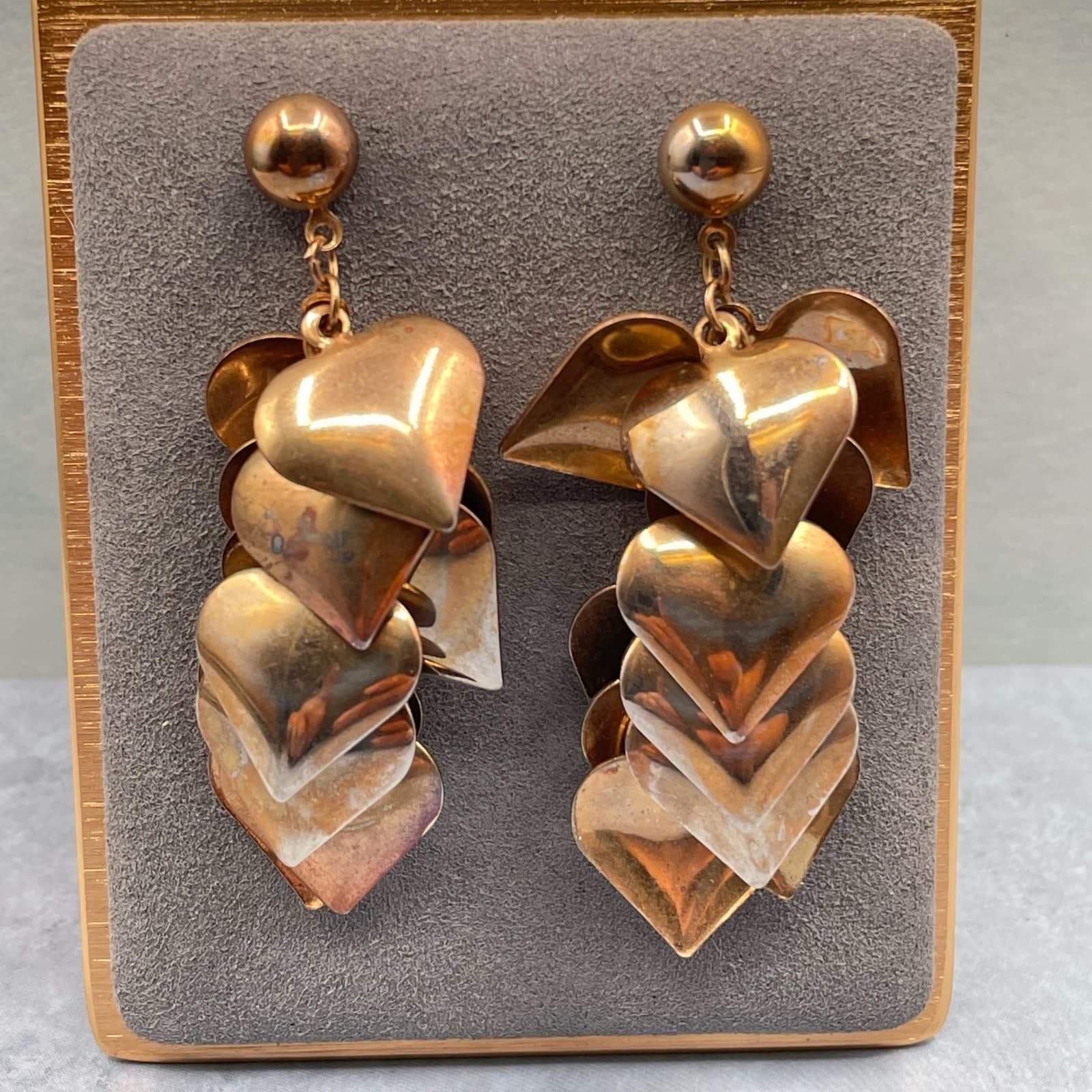 Vintage Style Cascading Heart Dangle Earrings Rose Gold Tone Statement Post - Thumbnail 5