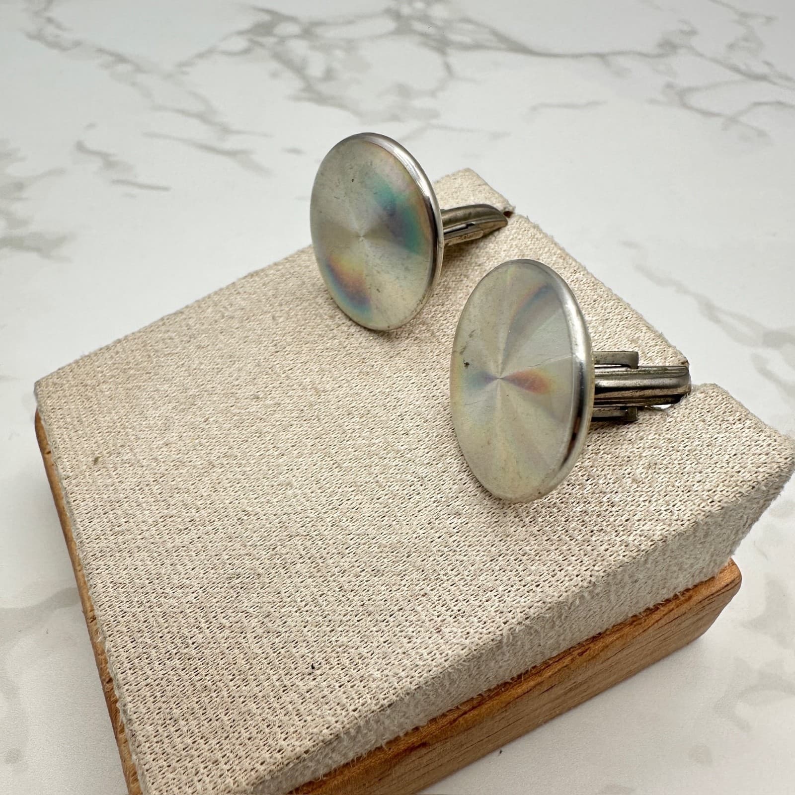 Vintage Pat Pend Rainbow Diffraction Silver Tone Round Reflective Cufflinks 50s - Image 1