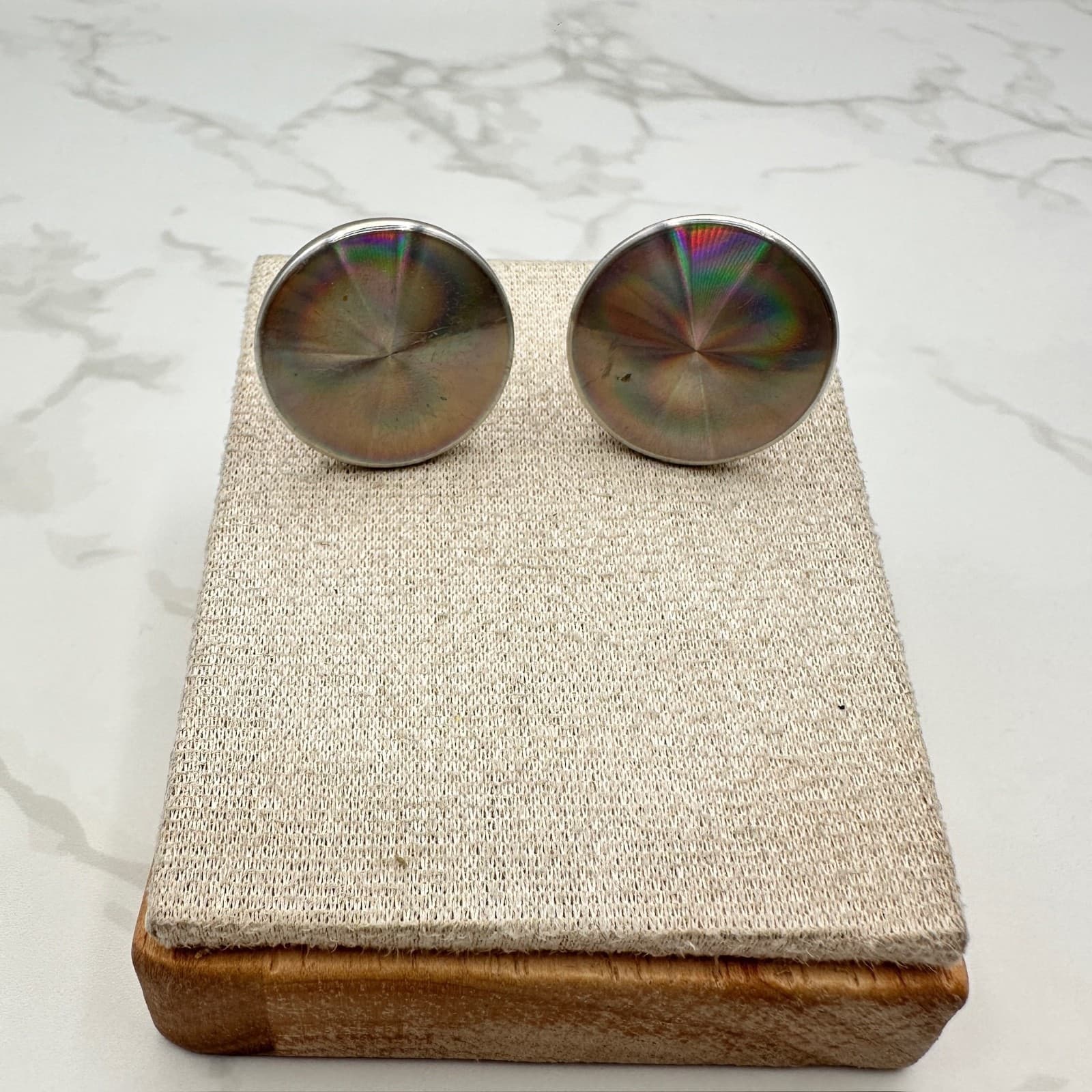 Vintage Pat Pend Rainbow Diffraction Silver Tone Round Reflective Cufflinks 50s - Thumbnail 2