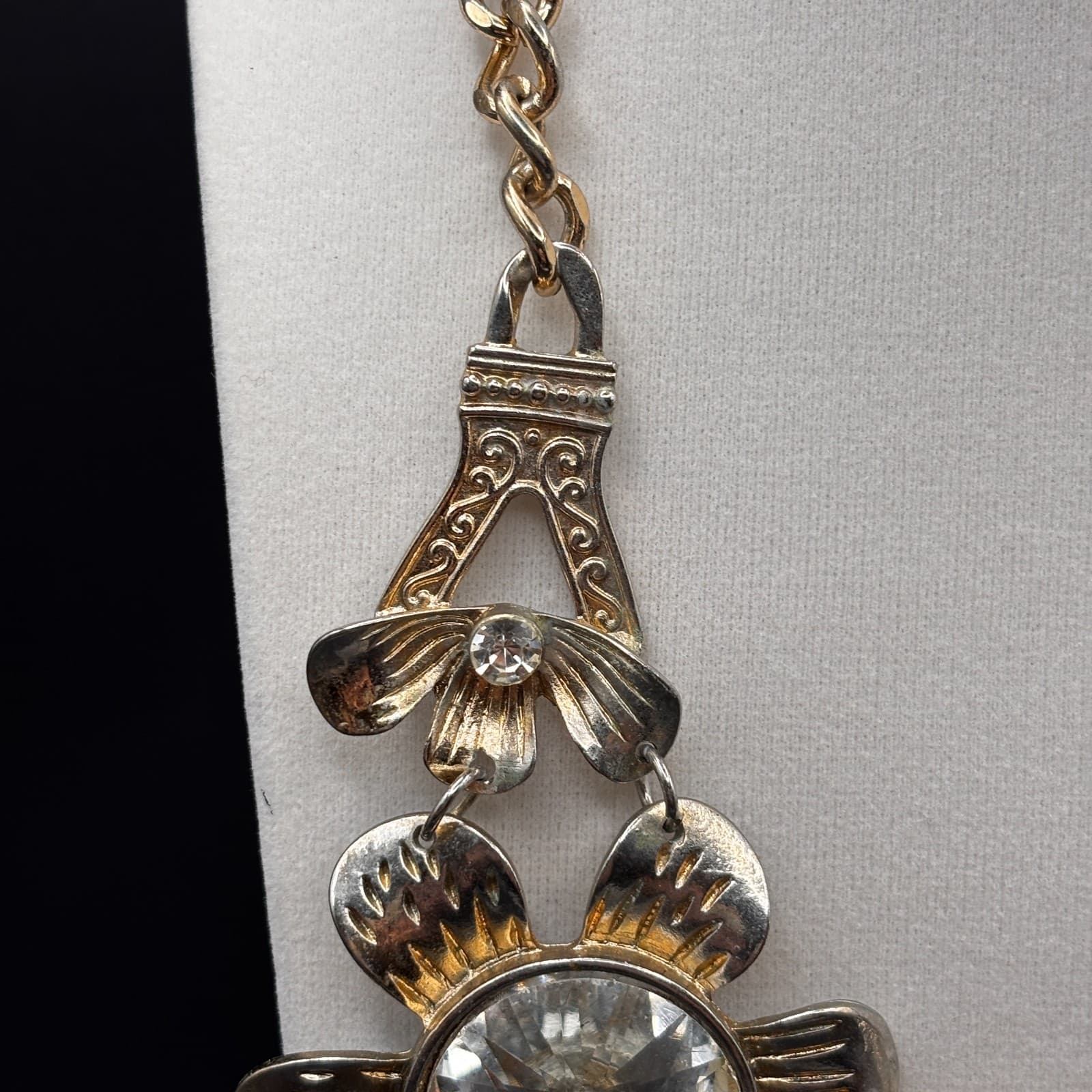 Vintage Statement Flower Necklace Crystal Choker Eiffel Tower Gold Tone Jewelry - Thumbnail 5